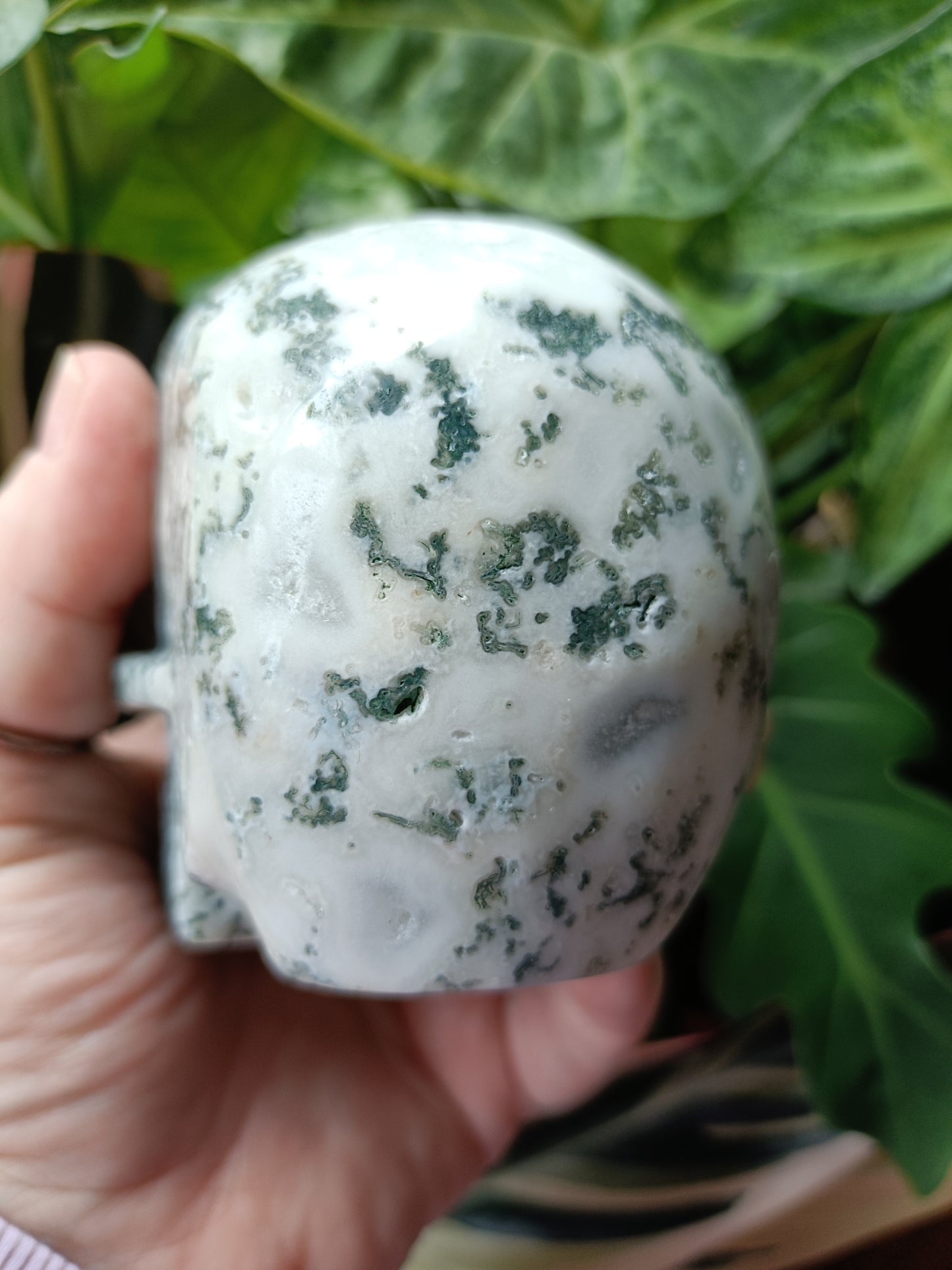 Moss Agate Skull Carving - 653g