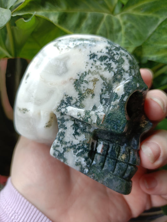 Moss Agate Skull Carving - 653g