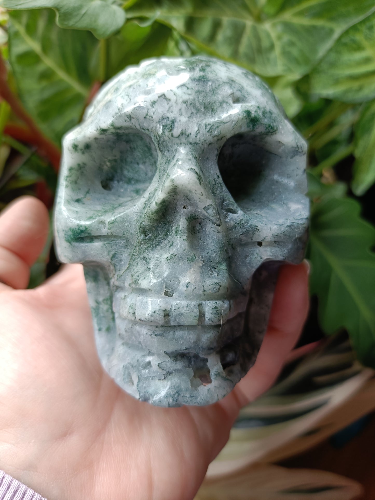 Moss Agate Skull Carving - 927g