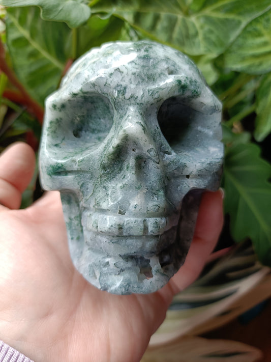 Moss Agate Skull Carving - 927g