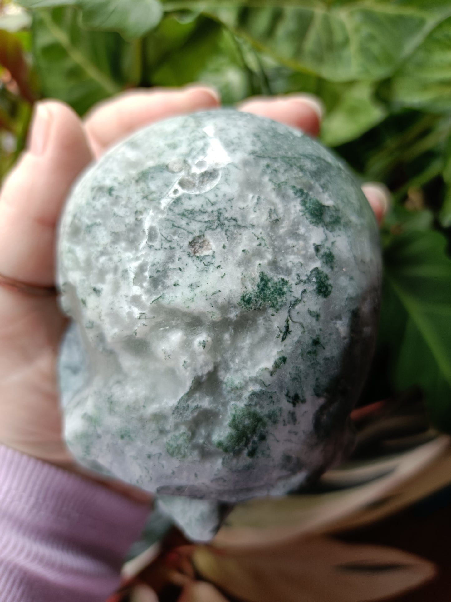 Moss Agate Skull Carving - 927g