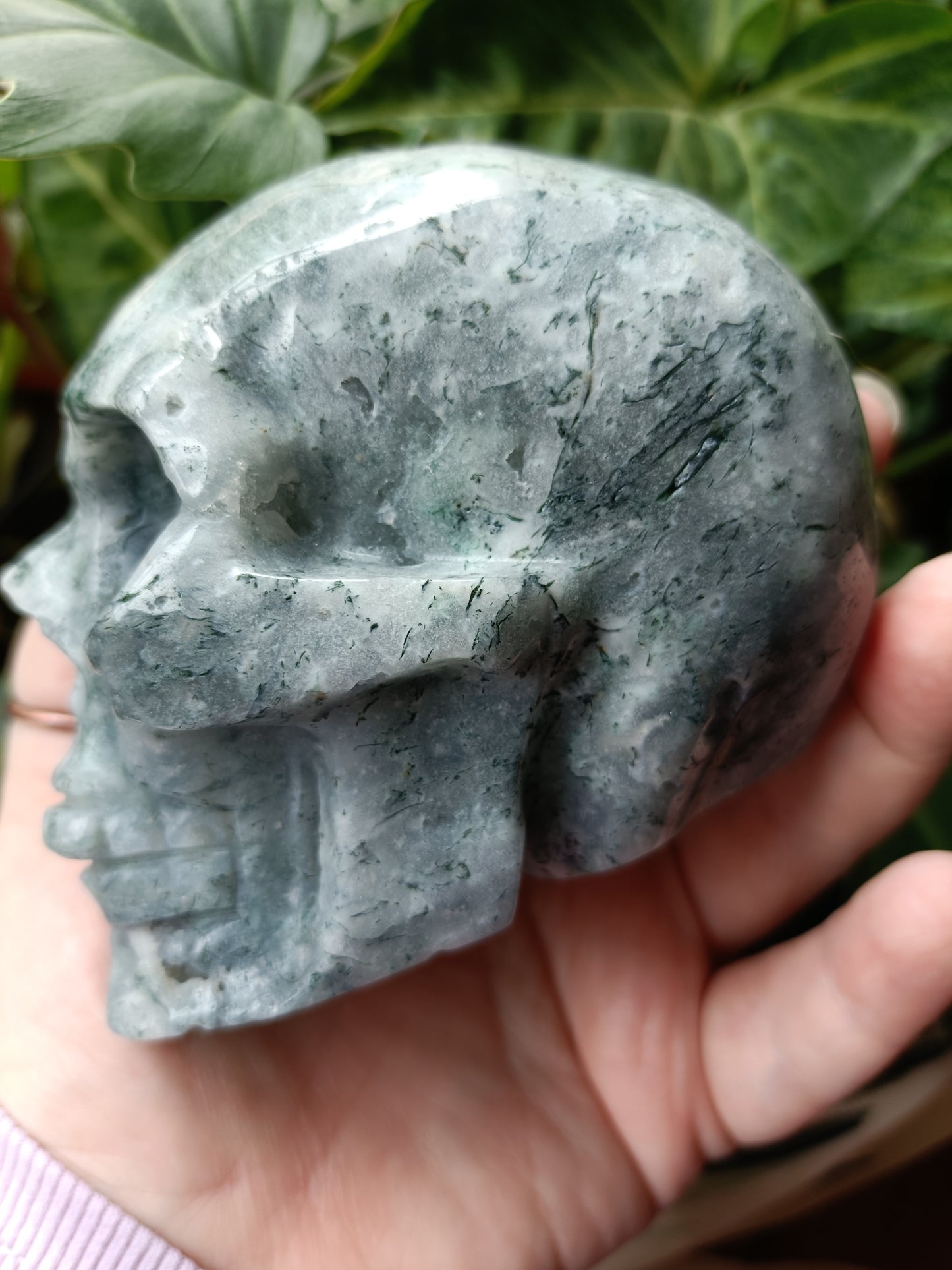 Moss Agate Skull Carving - 927g