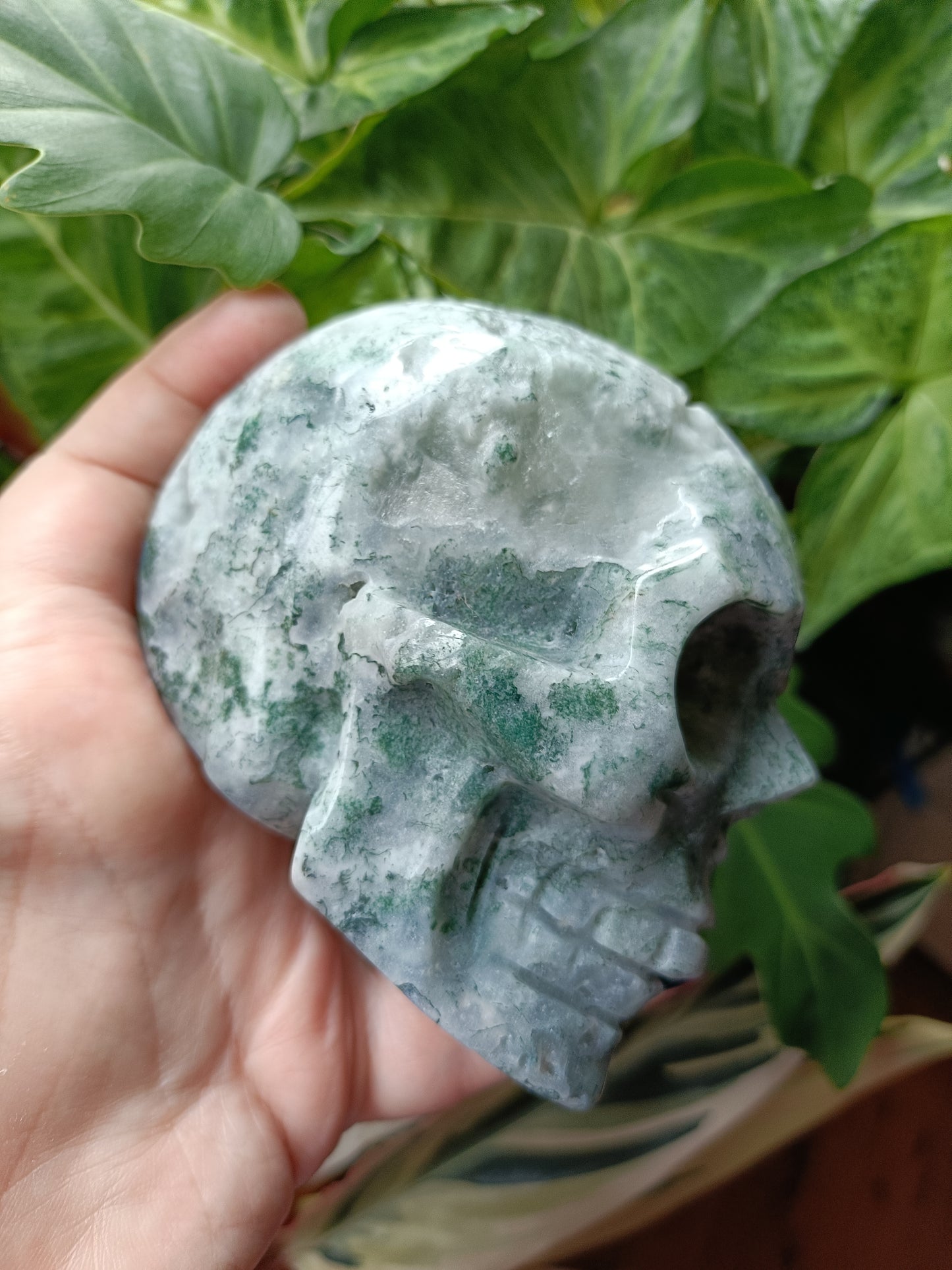 Moss Agate Skull Carving - 927g