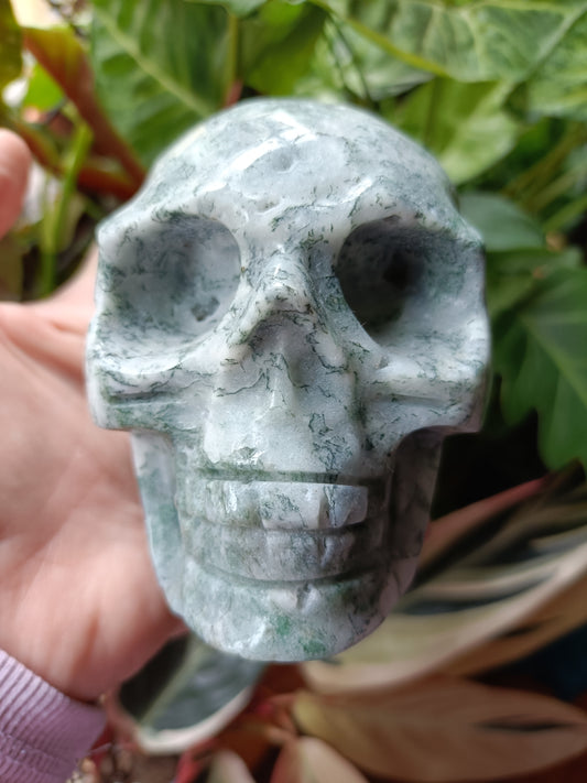 Moss Agate Skull Carving - 892g