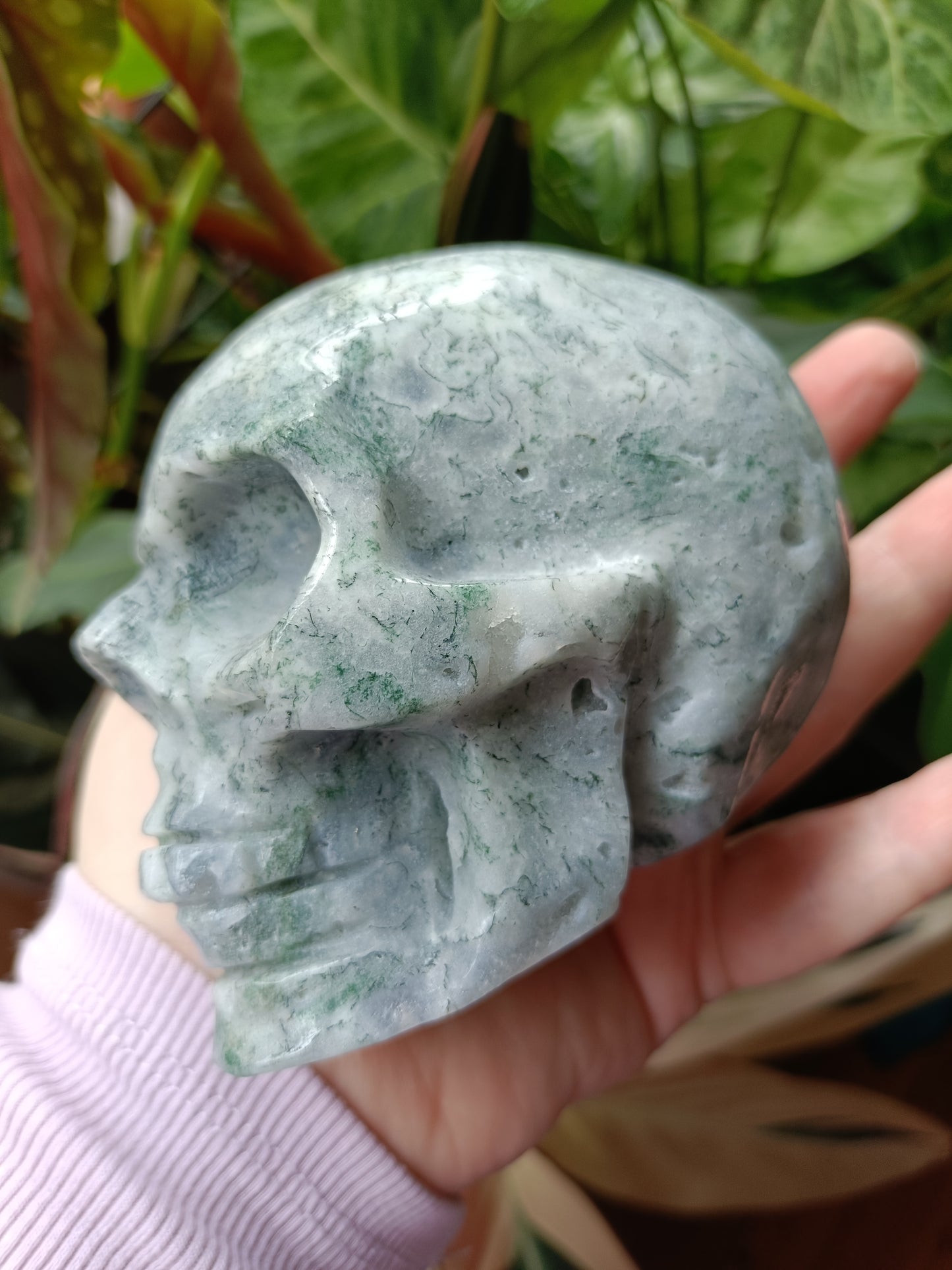 Moss Agate Skull Carving - 892g