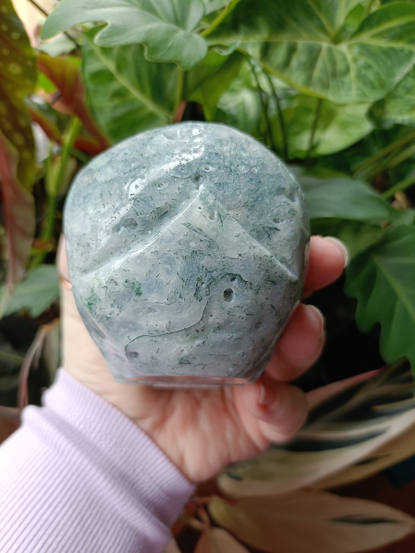 Moss Agate Skull Carving - 892g