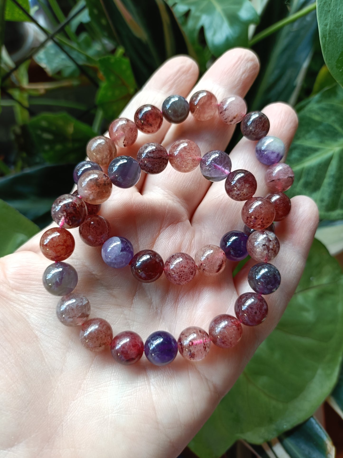 'Super 7' Included Quartz + Amethyst Round Beaded Stretch Bracelet - 10mm