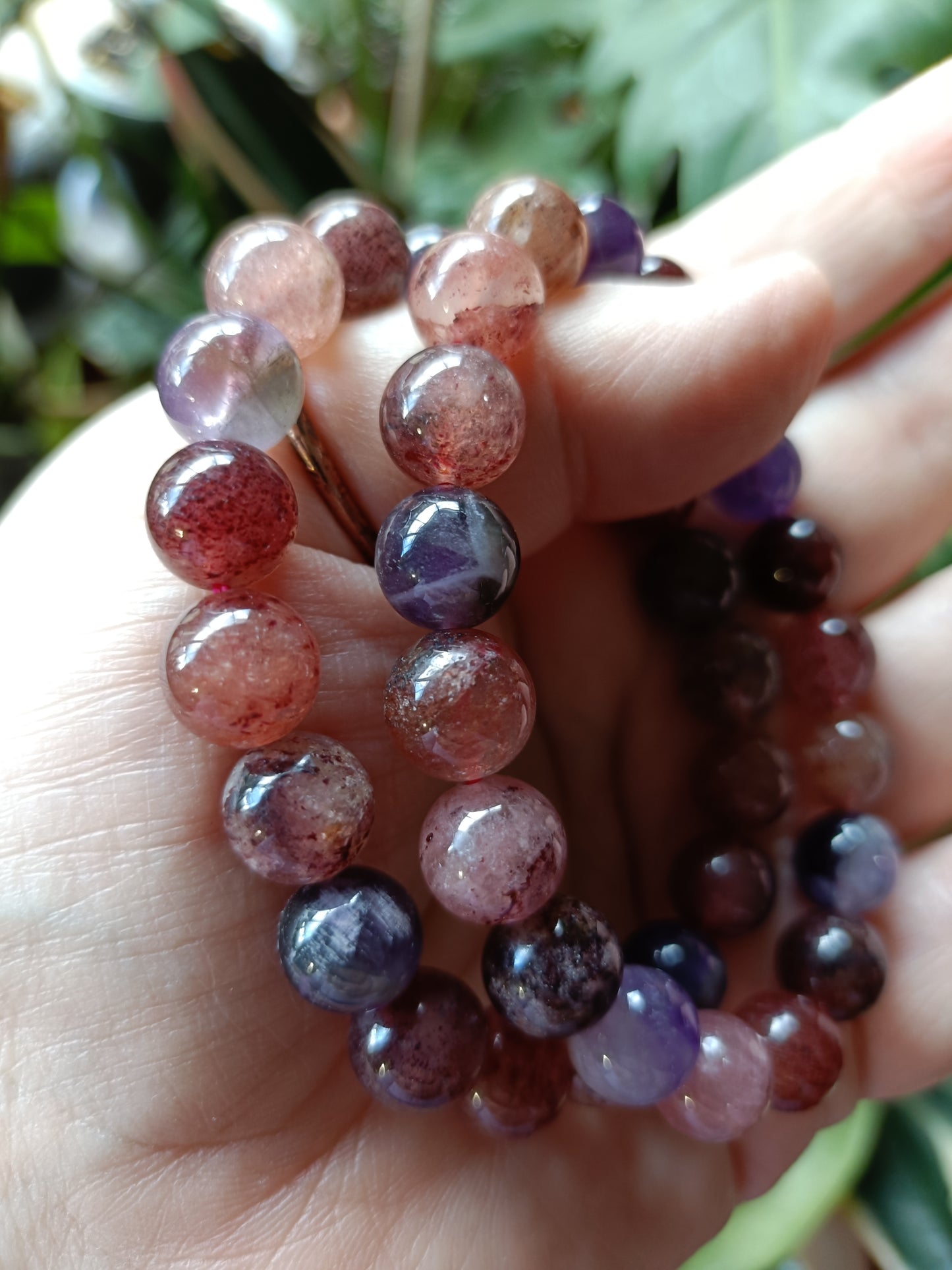 'Super 7' Included Quartz + Amethyst Round Beaded Stretch Bracelet - 10mm