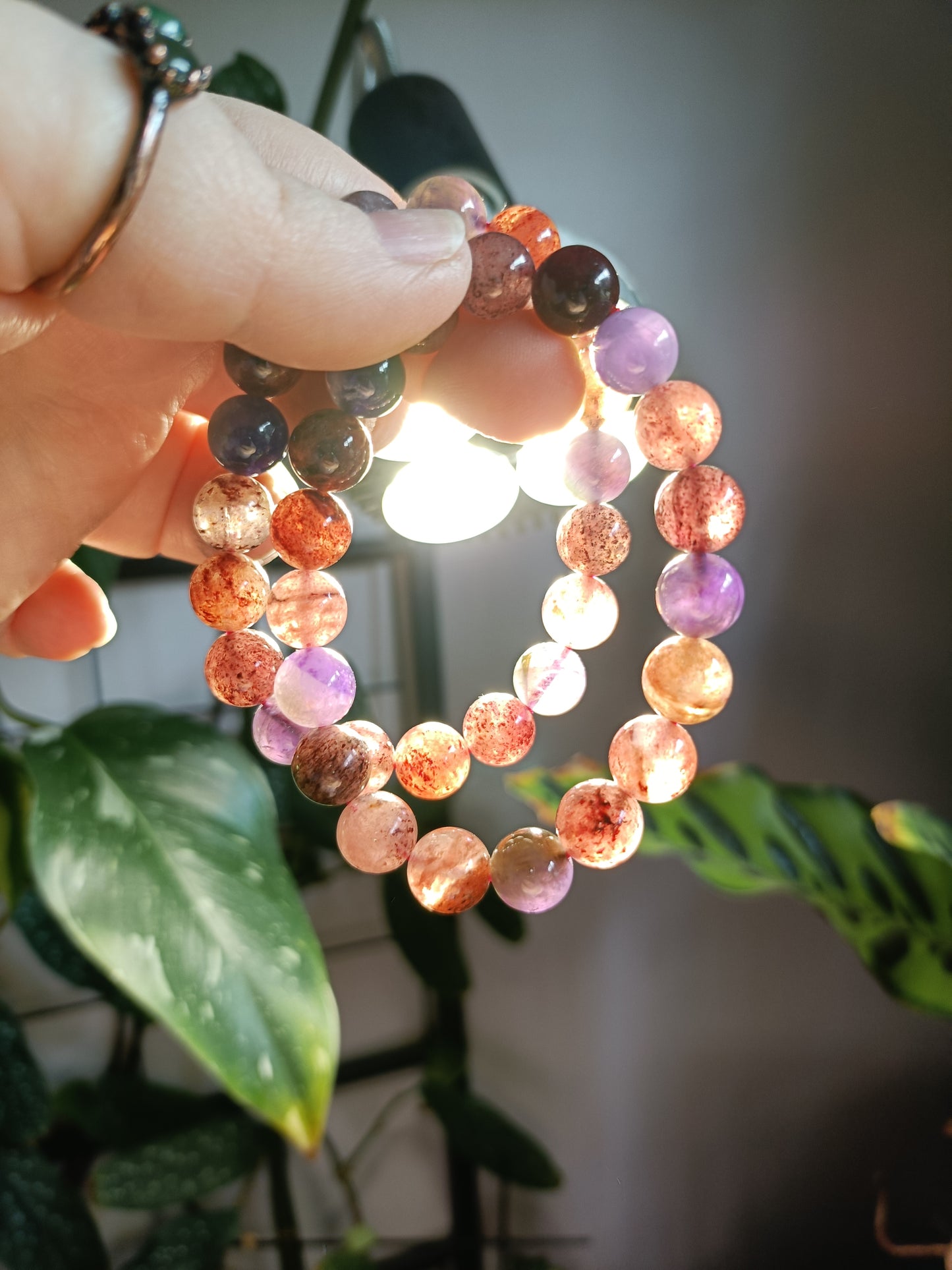 'Super 7' Included Quartz + Amethyst Round Beaded Stretch Bracelet - 10mm