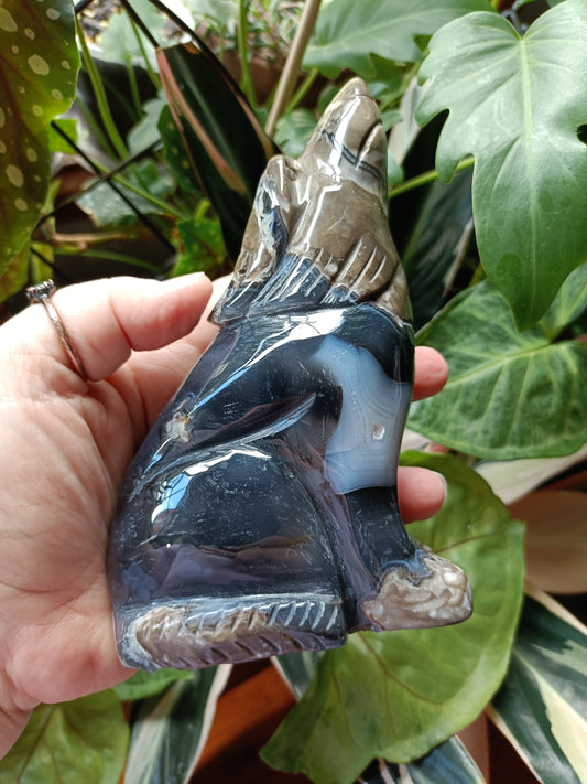 Volcanic Agate Wolf Carving - 777g