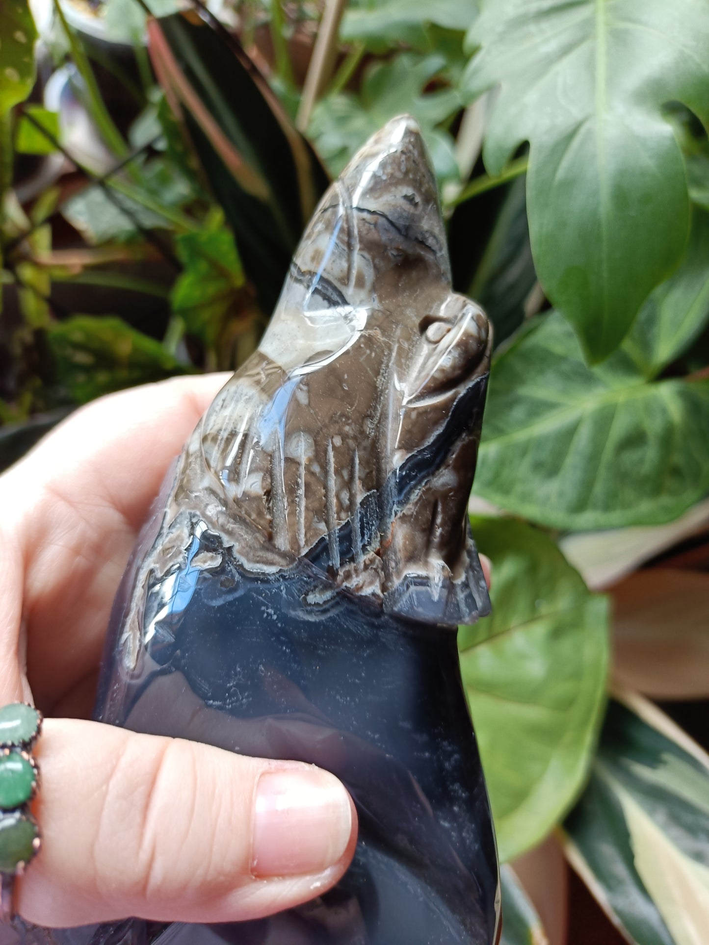 Volcanic Agate Wolf Carving - 777g