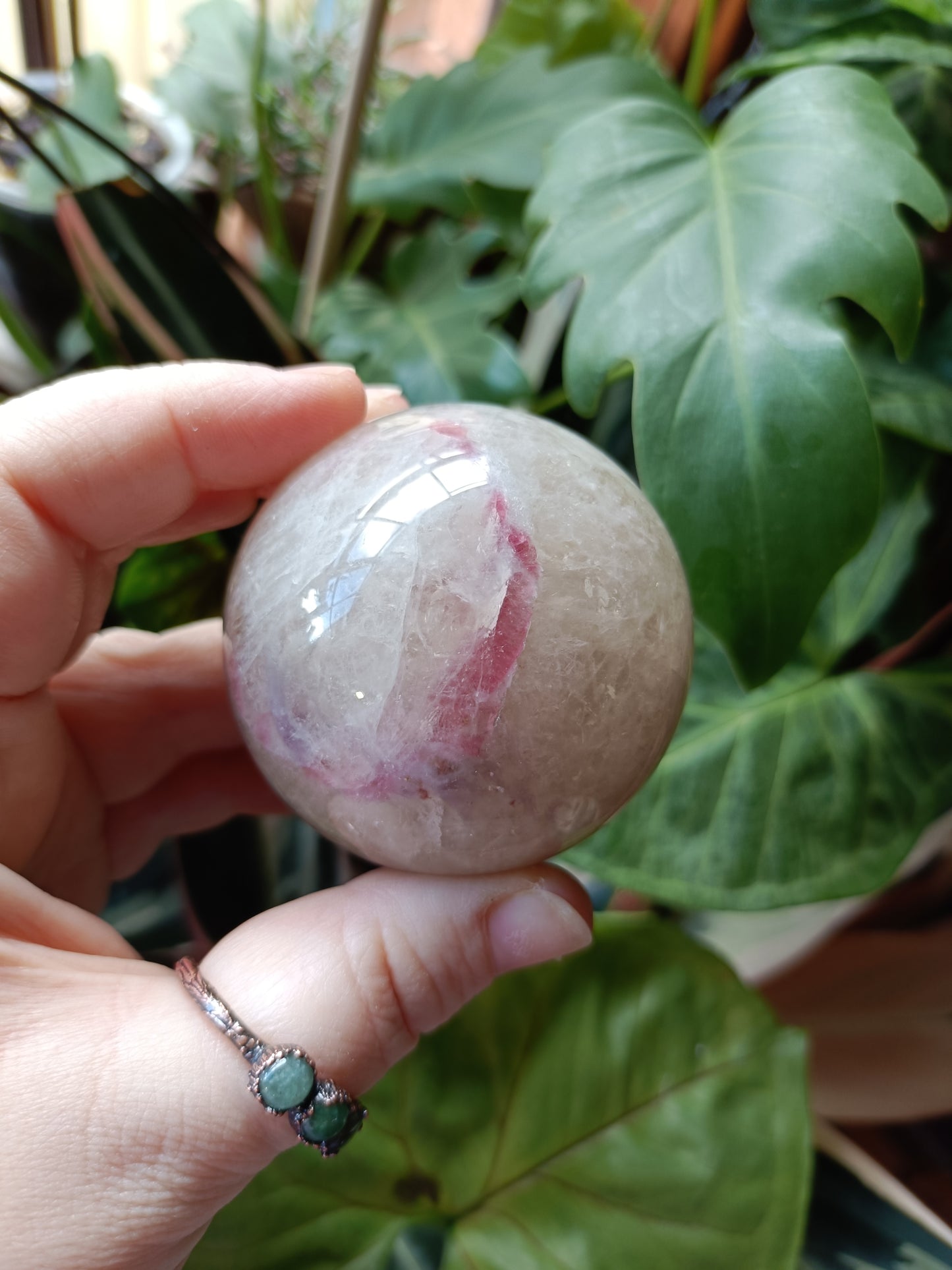 'Unicorn Stone' Pink Tourmaline & Lepidolite in Smokey Quartz Sphere - 290g