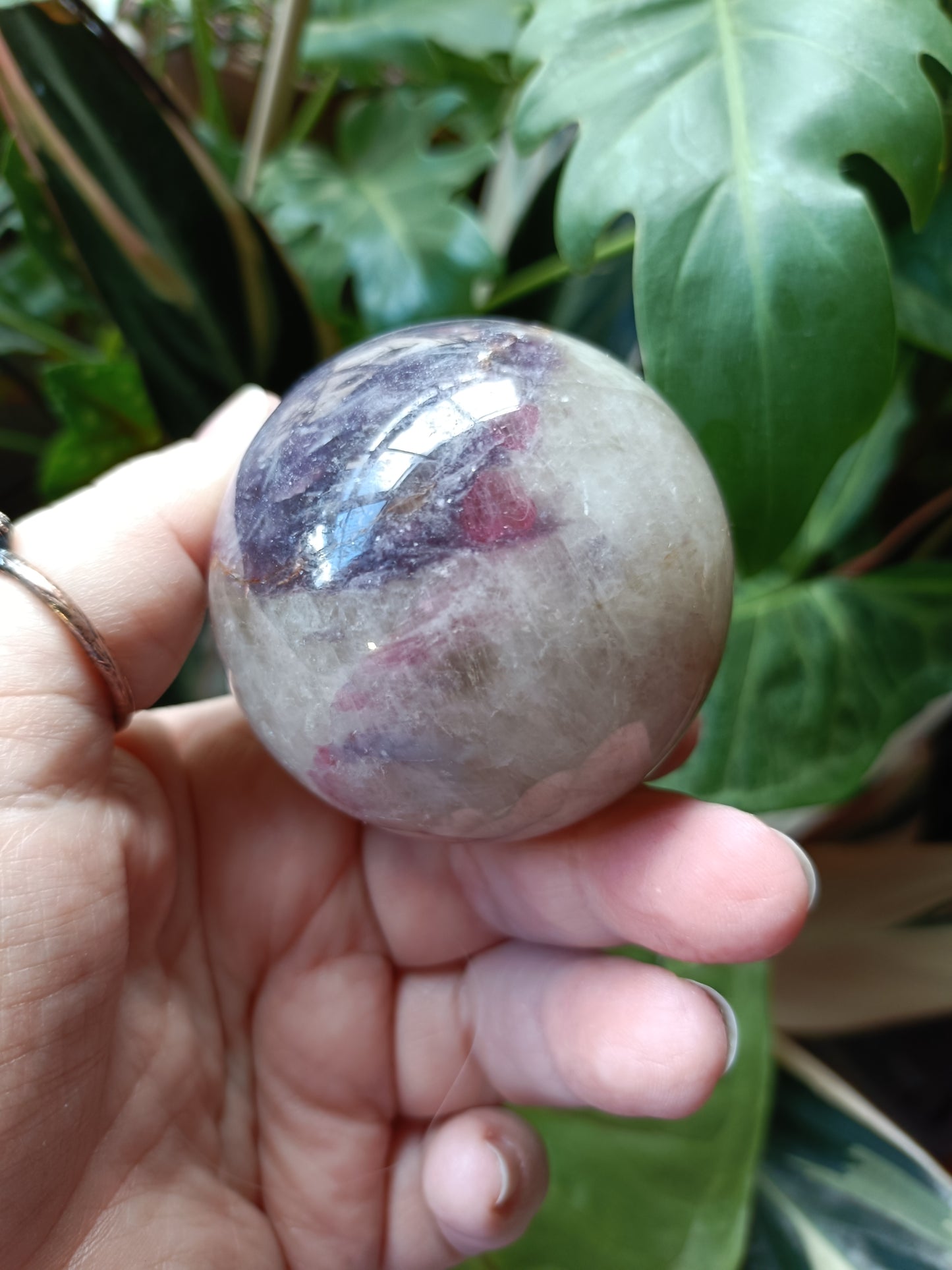 'Unicorn Stone' Pink Tourmaline & Lepidolite in Smokey Quartz Sphere - 290g