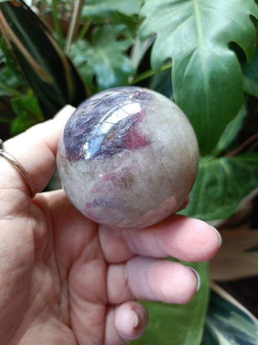'Unicorn Stone' Pink Tourmaline & Lepidolite in Smokey Quartz Sphere - 290g