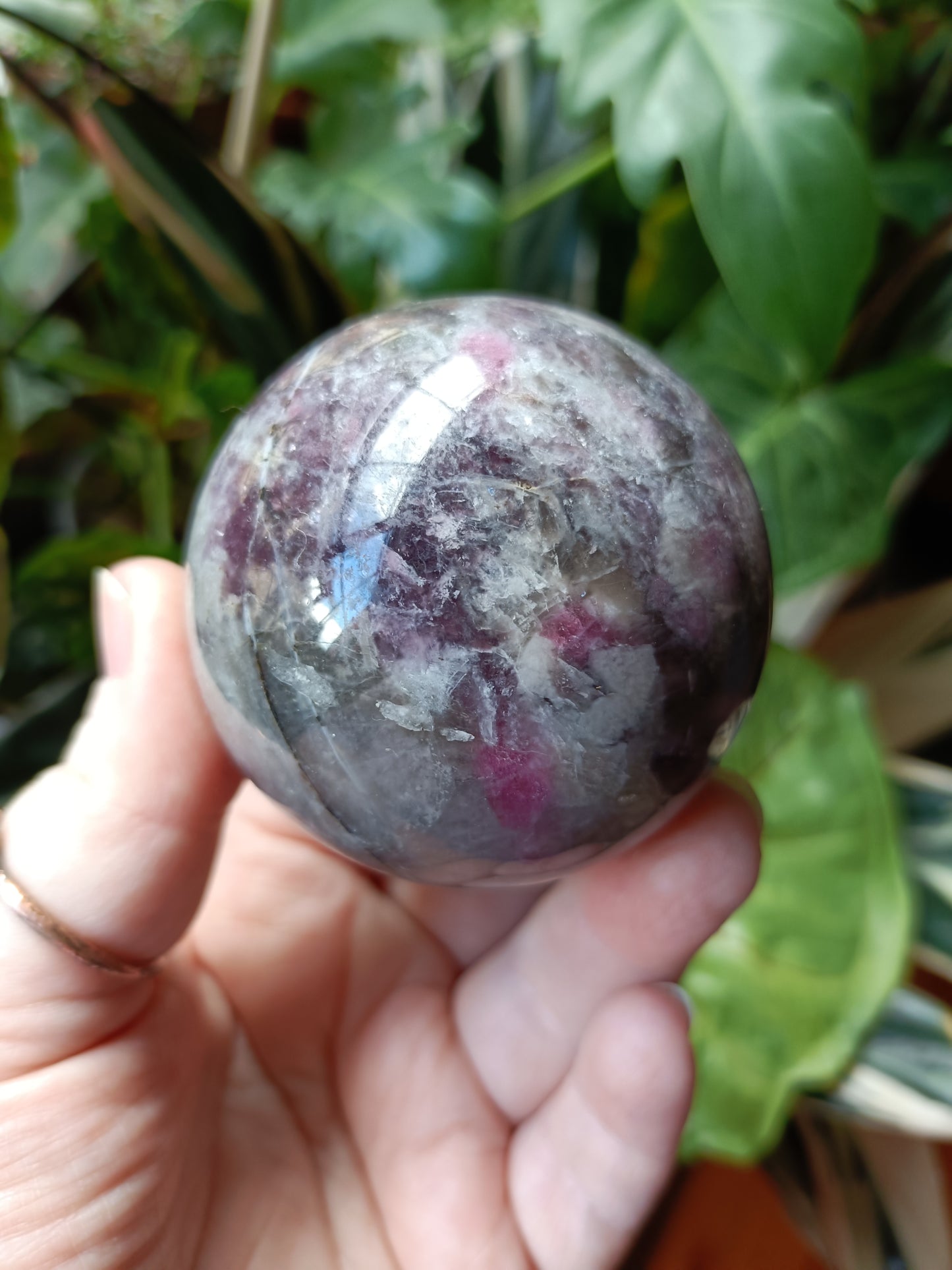 'Unicorn Stone' Pink Tourmaline & Lepidolite in Smokey Quartz Sphere - 362g