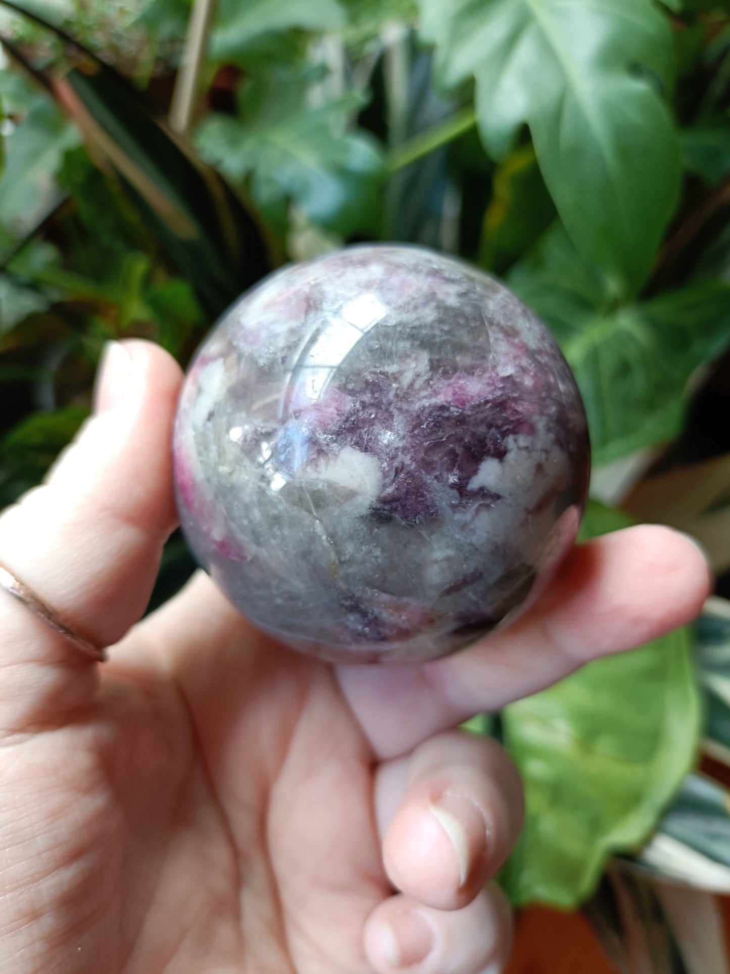 'Unicorn Stone' Pink Tourmaline & Lepidolite in Smokey Quartz Sphere - 362g