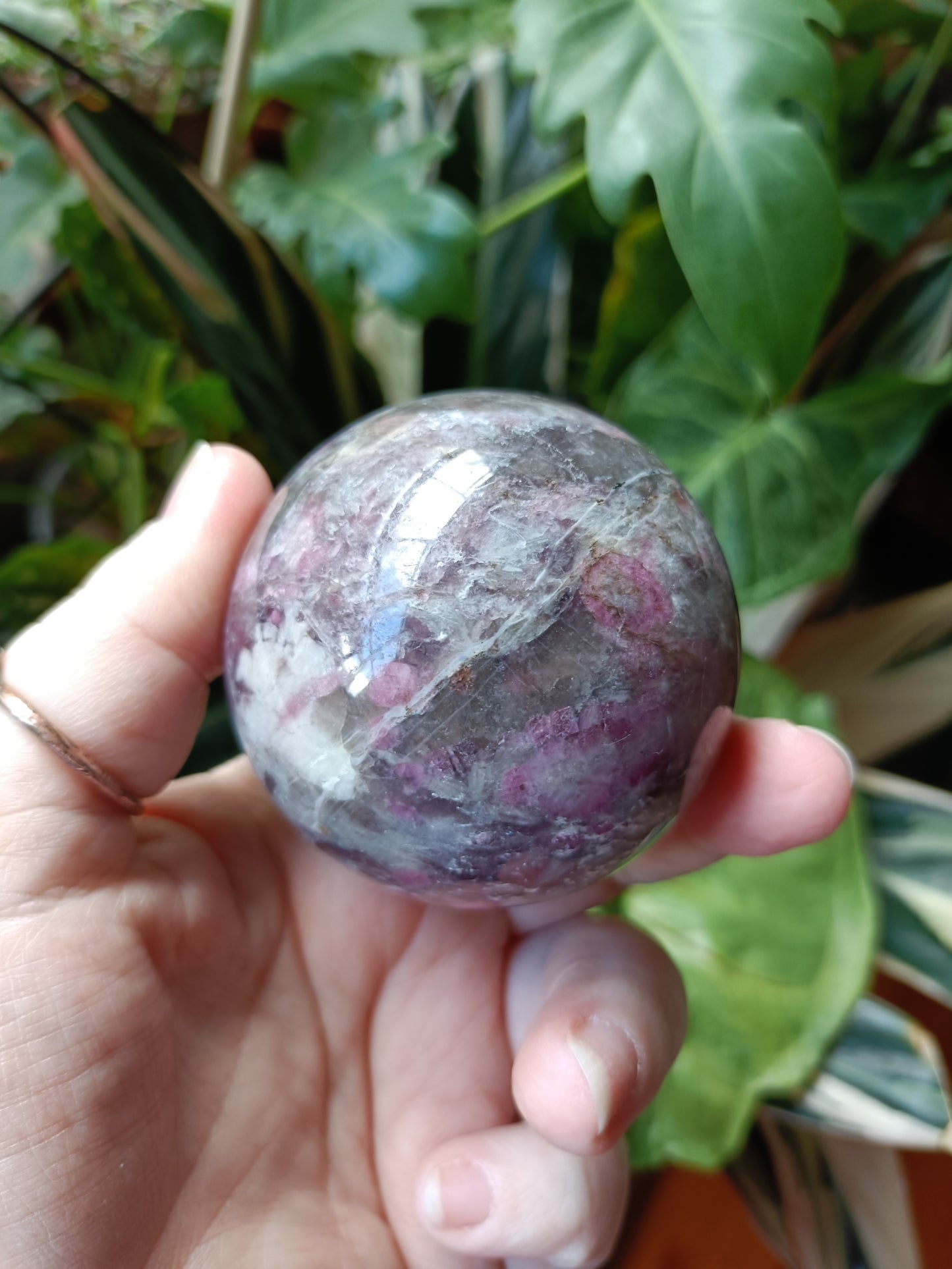 'Unicorn Stone' Pink Tourmaline & Lepidolite in Smokey Quartz Sphere - 362g