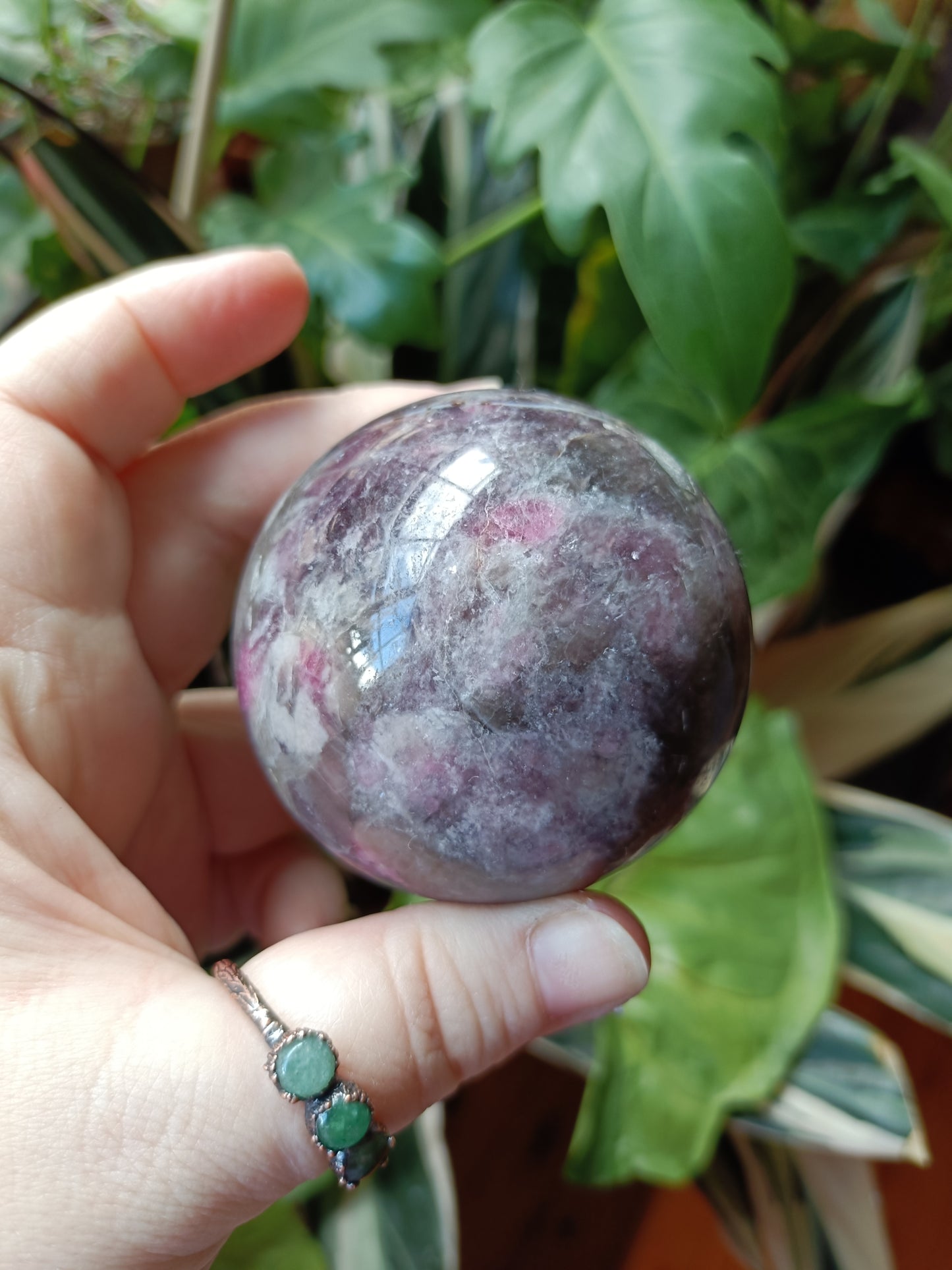 'Unicorn Stone' Pink Tourmaline & Lepidolite in Smokey Quartz Sphere - 362g