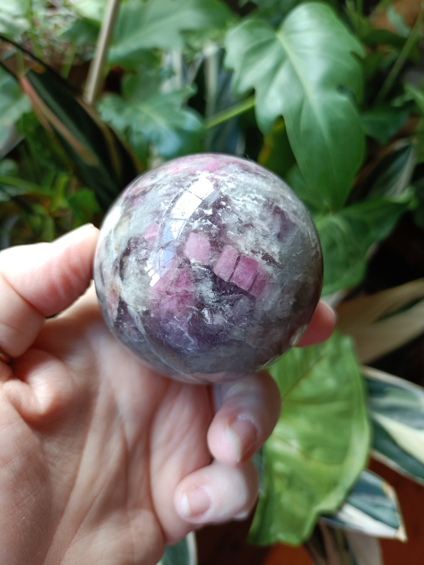 'Unicorn Stone' Pink Tourmaline & Lepidolite in Smokey Quartz Sphere - 362g