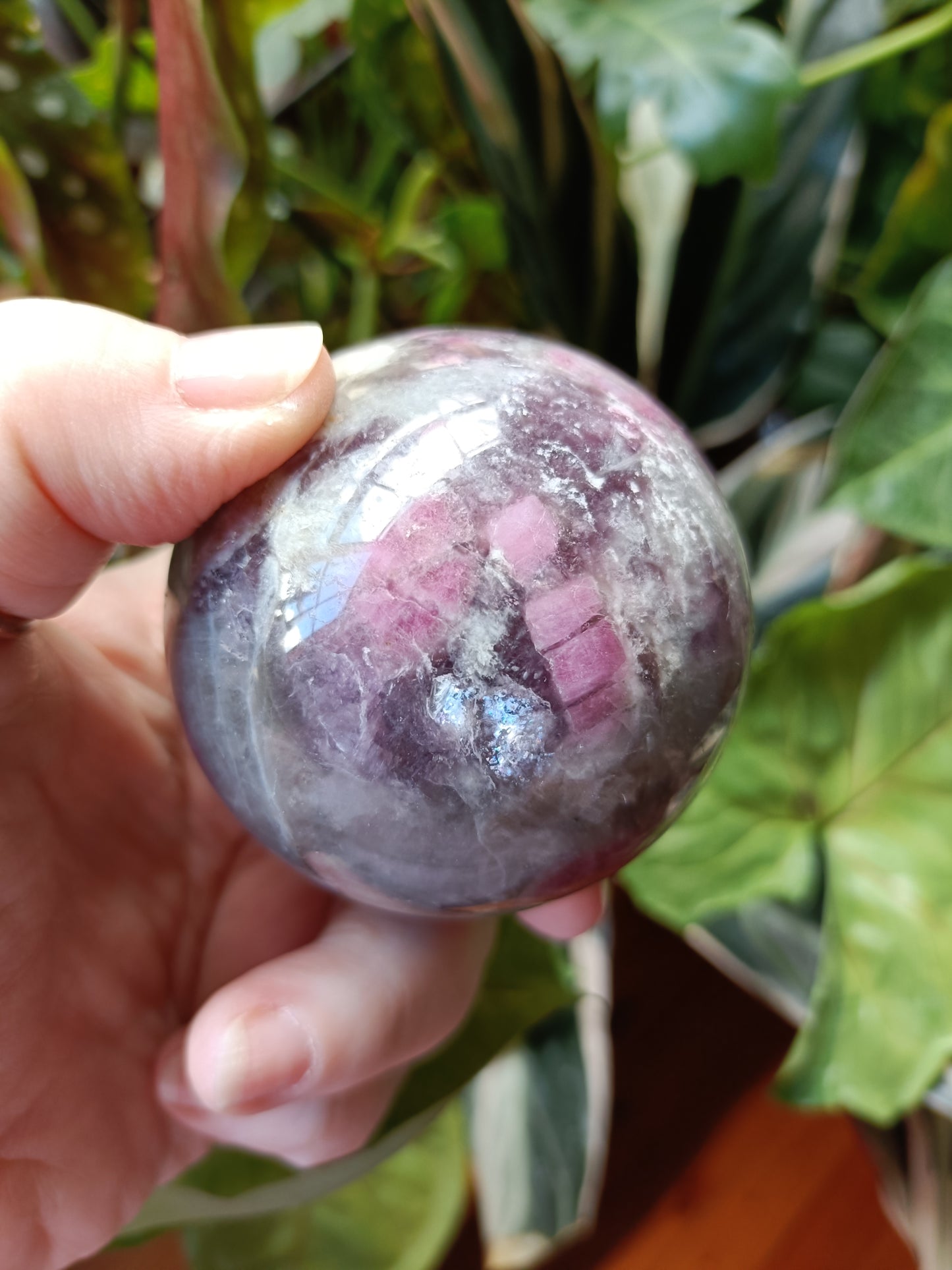'Unicorn Stone' Pink Tourmaline & Lepidolite in Smokey Quartz Sphere - 362g