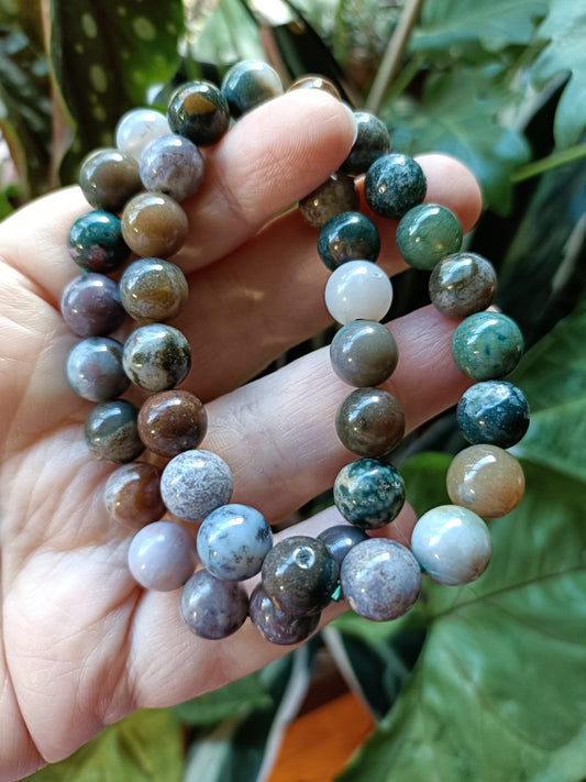 Ocean Jasper & Moss Agate Round Beaded Stretch Bracelet - 10mm