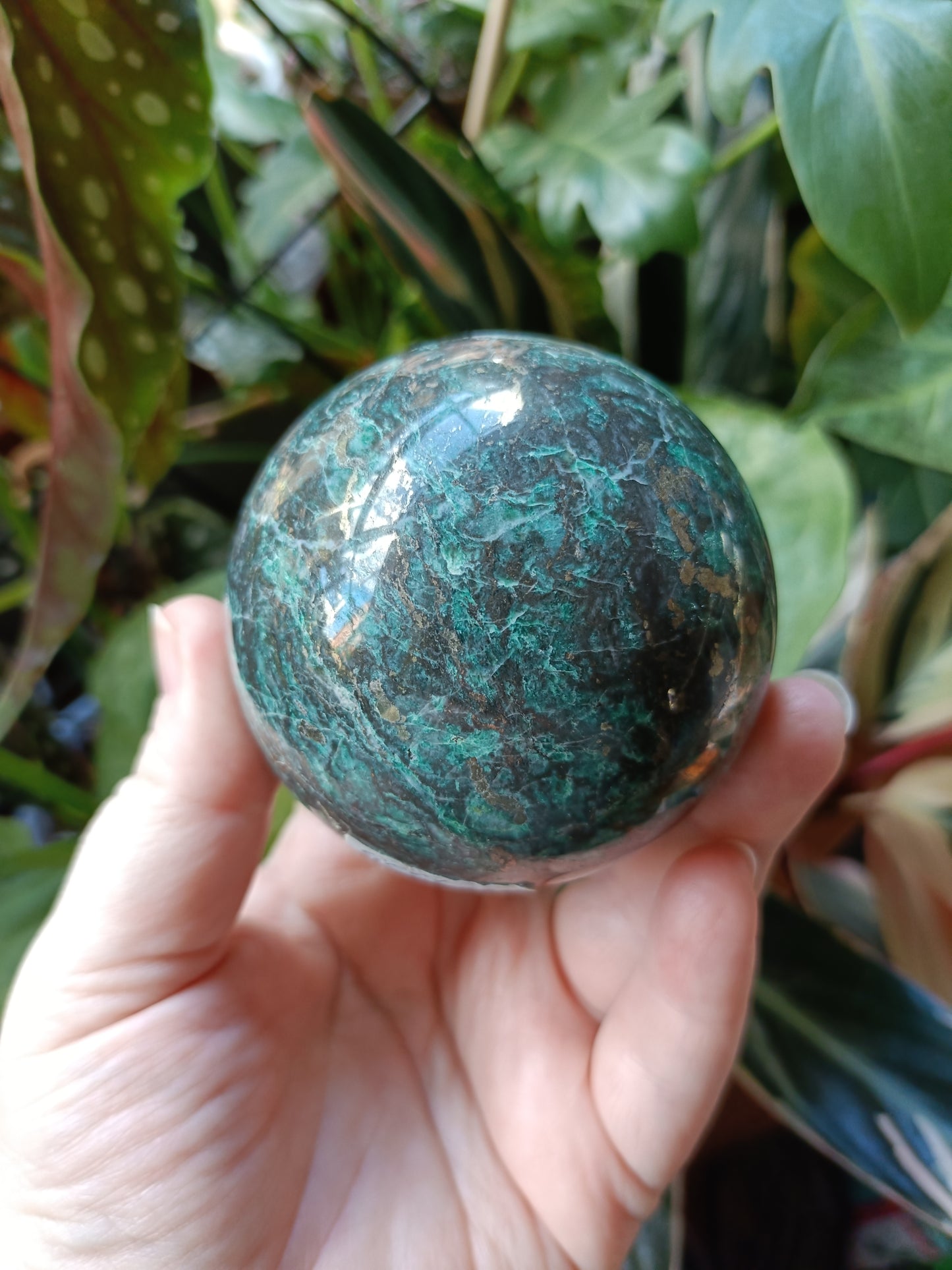 Green Copper Sphere with Pyrite Inclusions - 529g