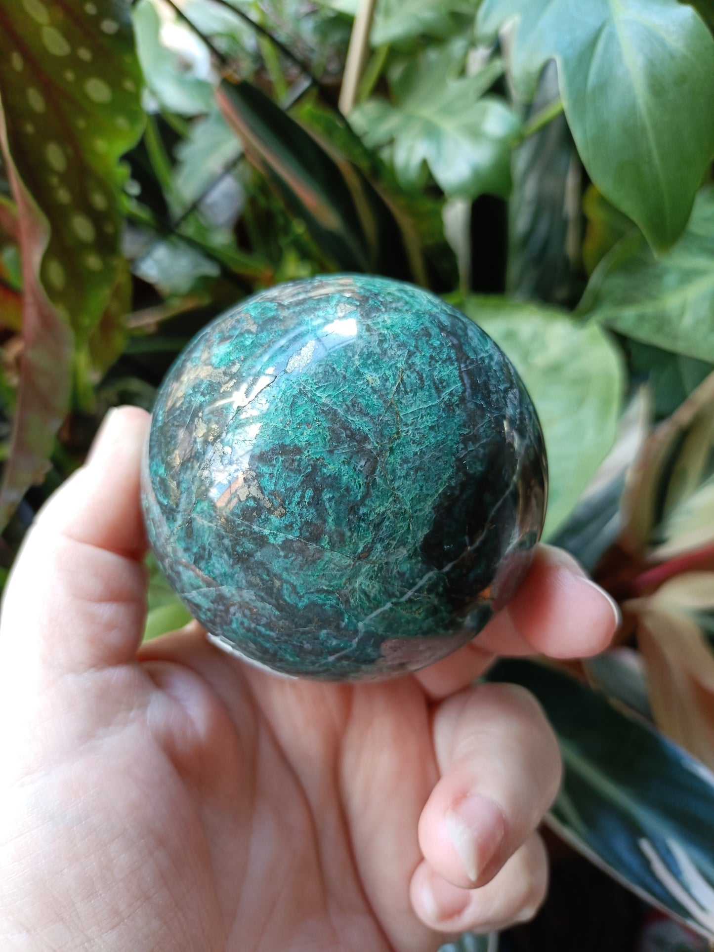 Green Copper Sphere with Pyrite Inclusions - 529g