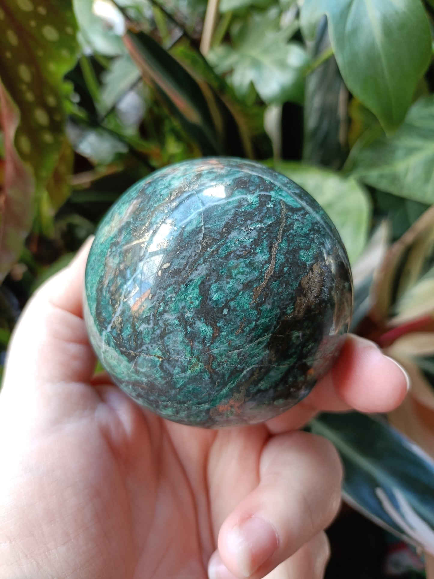 Green Copper Sphere with Pyrite Inclusions - 529g