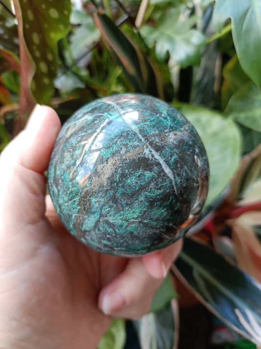 Green Copper Sphere with Pyrite Inclusions - 529g
