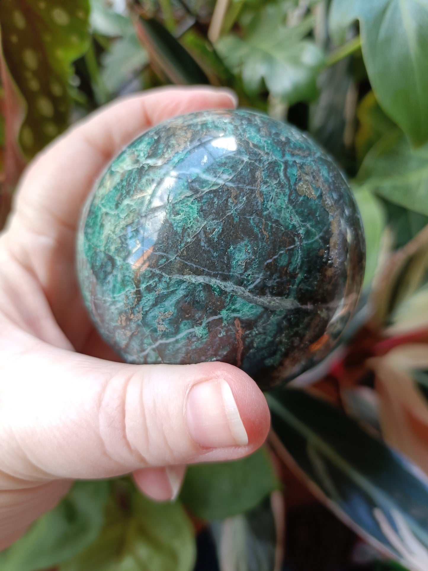Green Copper Sphere with Pyrite Inclusions - 529g
