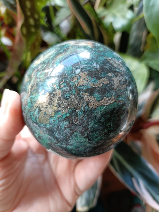 Green Copper Sphere with Pyrite Inclusions - 661g