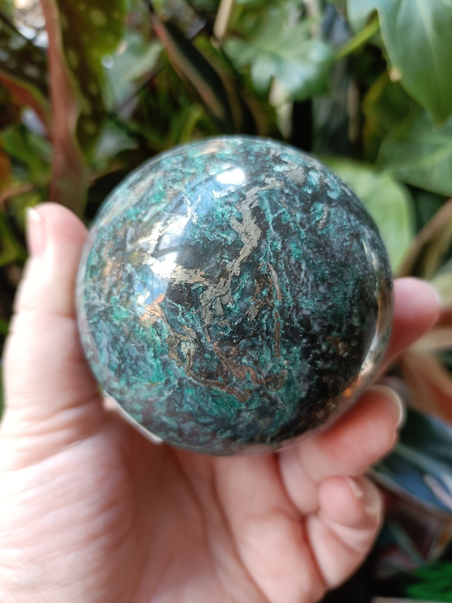 Green Copper Sphere with Pyrite Inclusions - 661g