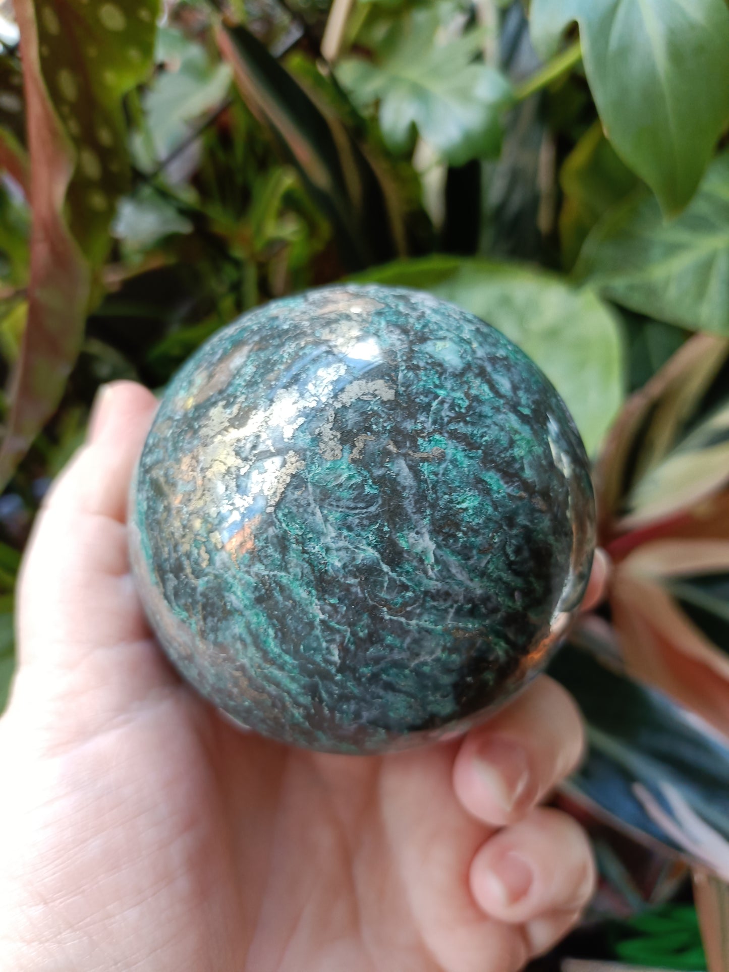 Green Copper Sphere with Pyrite Inclusions - 661g