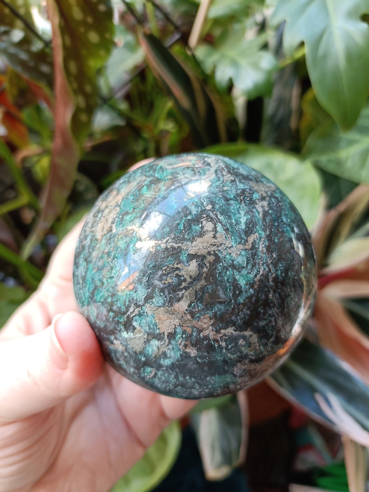 Green Copper Sphere with Pyrite Inclusions - 661g