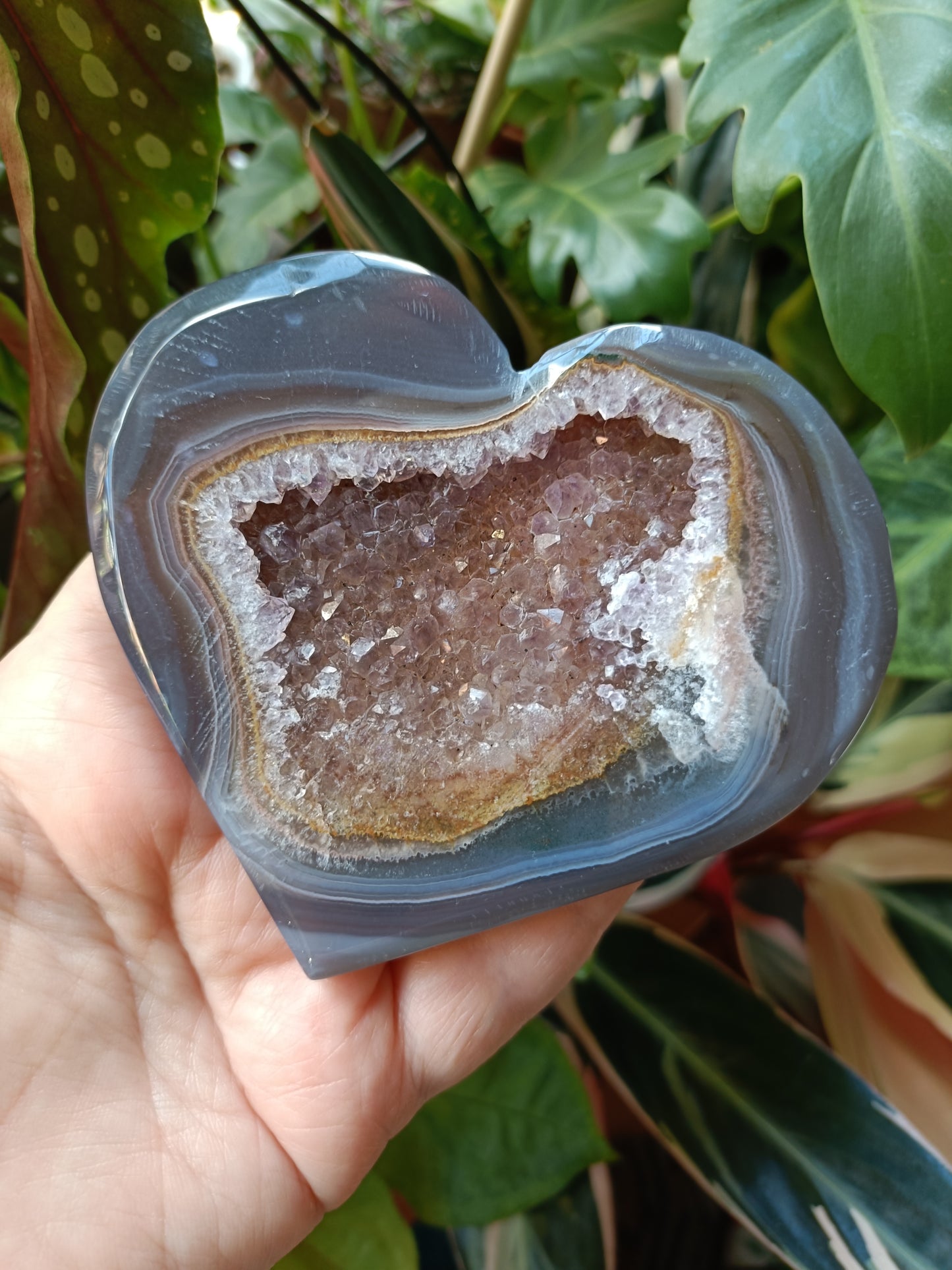 Amethyst & Mexican Lace Agate Heart + Stand - 178g