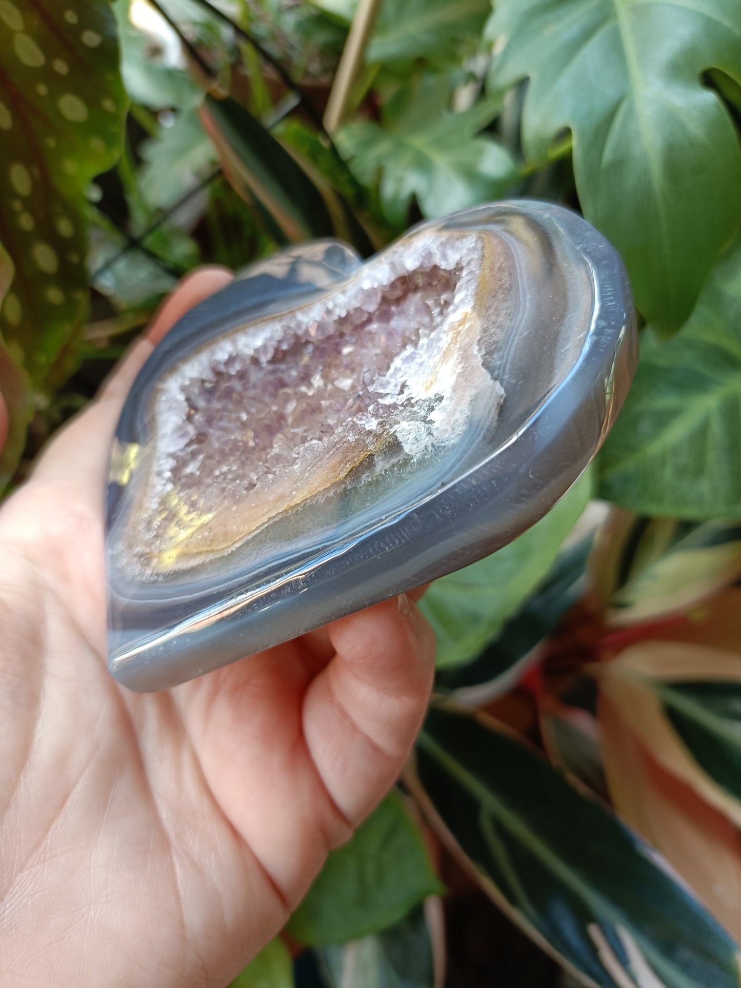 Amethyst & Mexican Lace Agate Heart + Stand - 178g