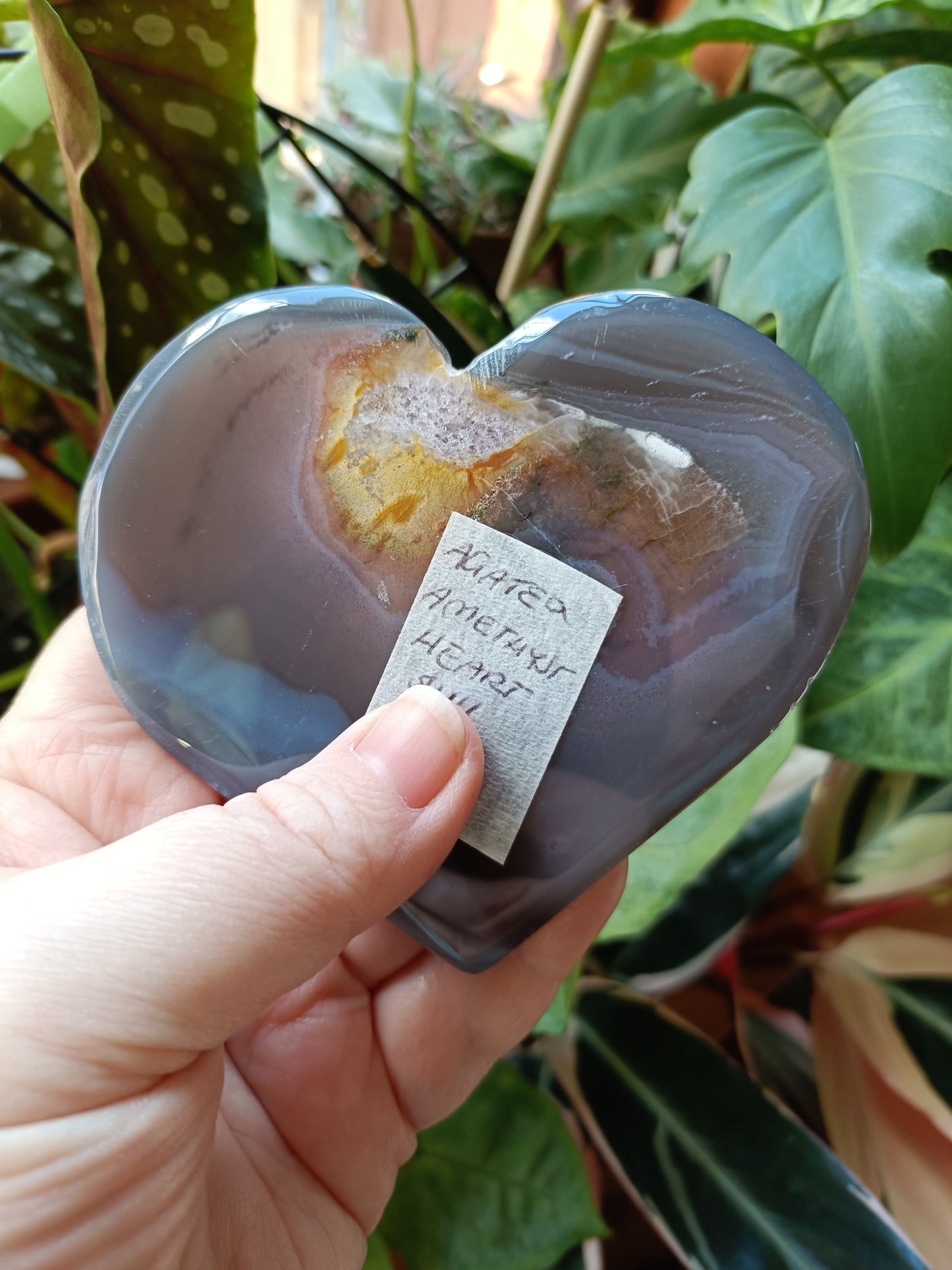 Amethyst & Mexican Lace Agate Heart + Stand - 178g