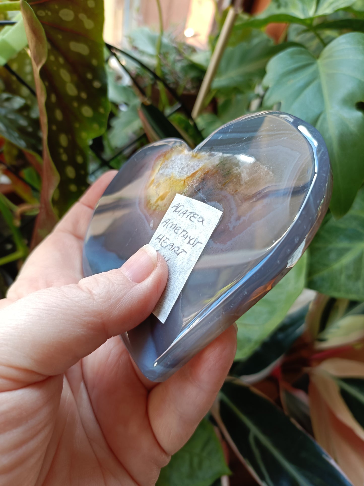 Amethyst & Mexican Lace Agate Heart + Stand - 178g