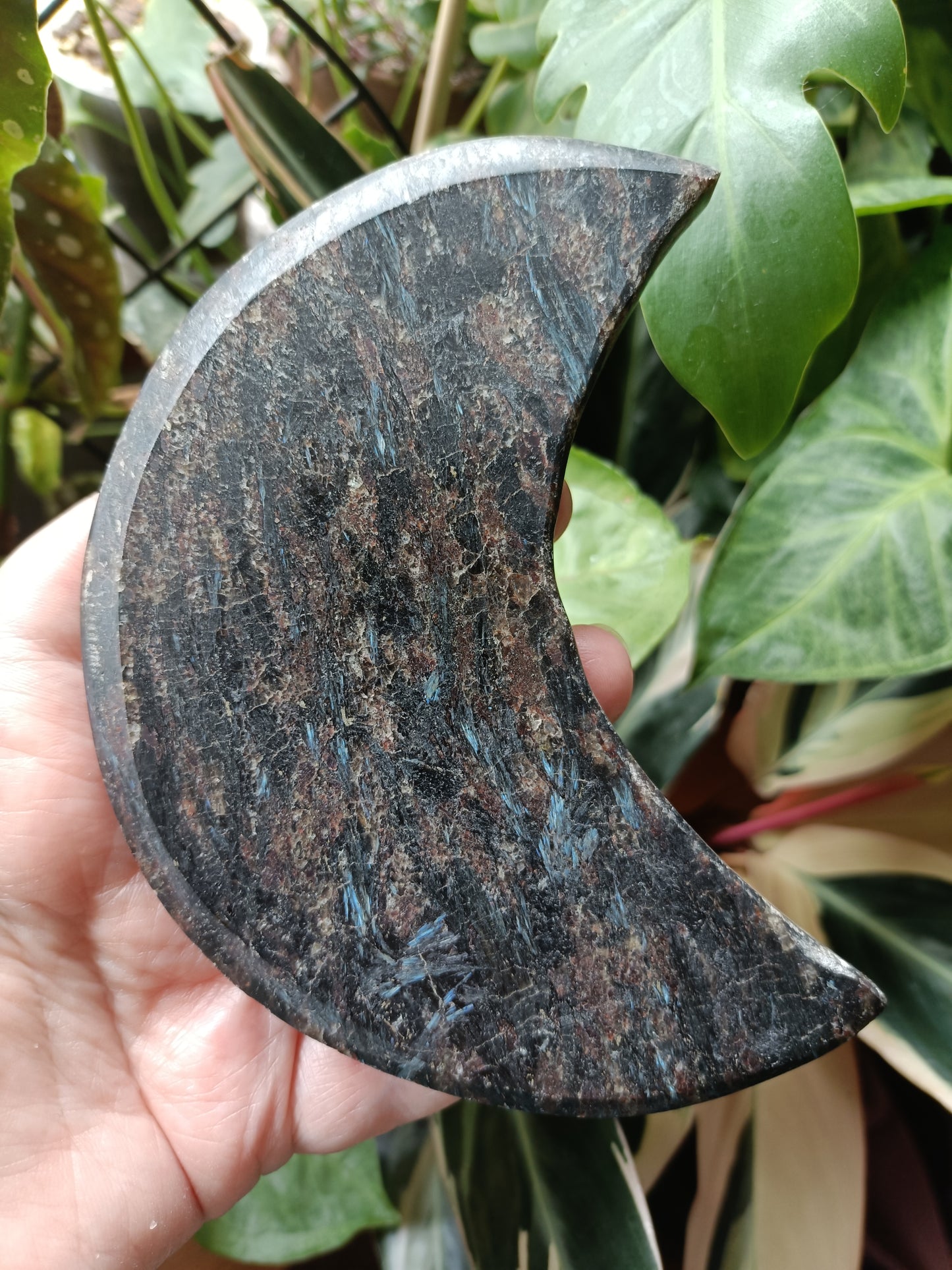Arfvedsonite 'Firework Stone' Moon + Stand - 326g