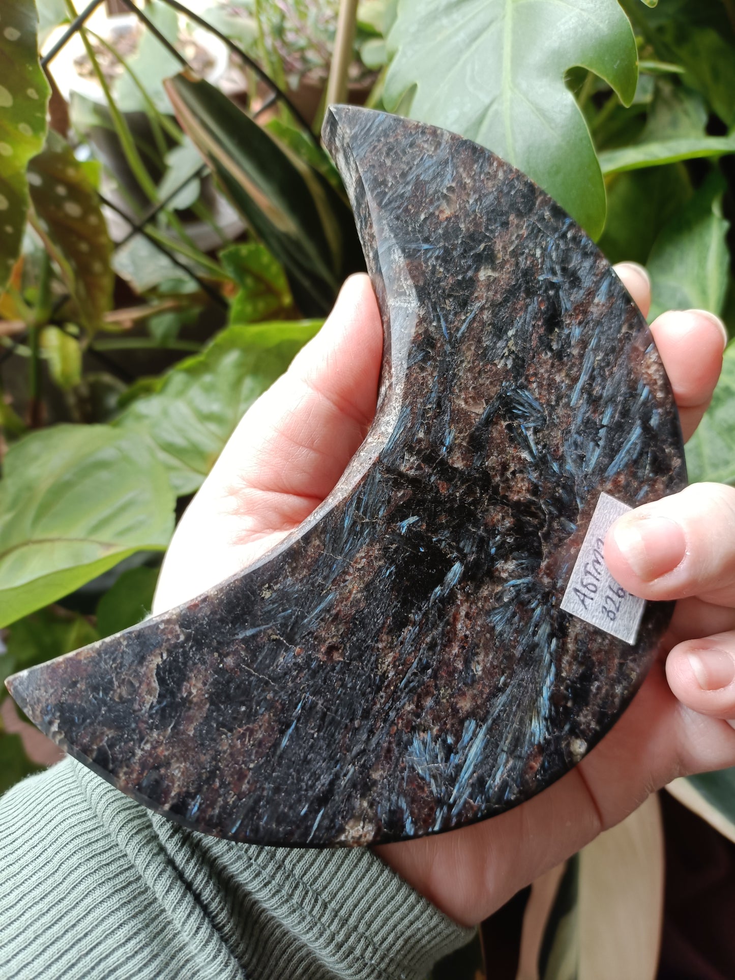 Arfvedsonite 'Firework Stone' Moon + Stand - 326g