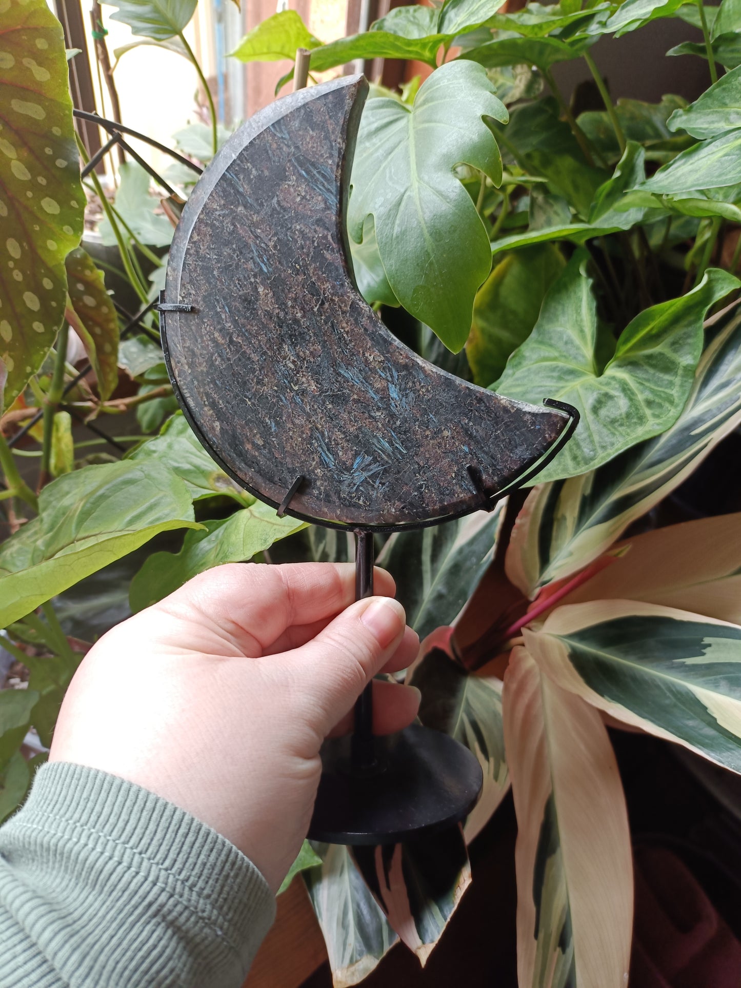 Arfvedsonite 'Firework Stone' Moon + Stand - 326g