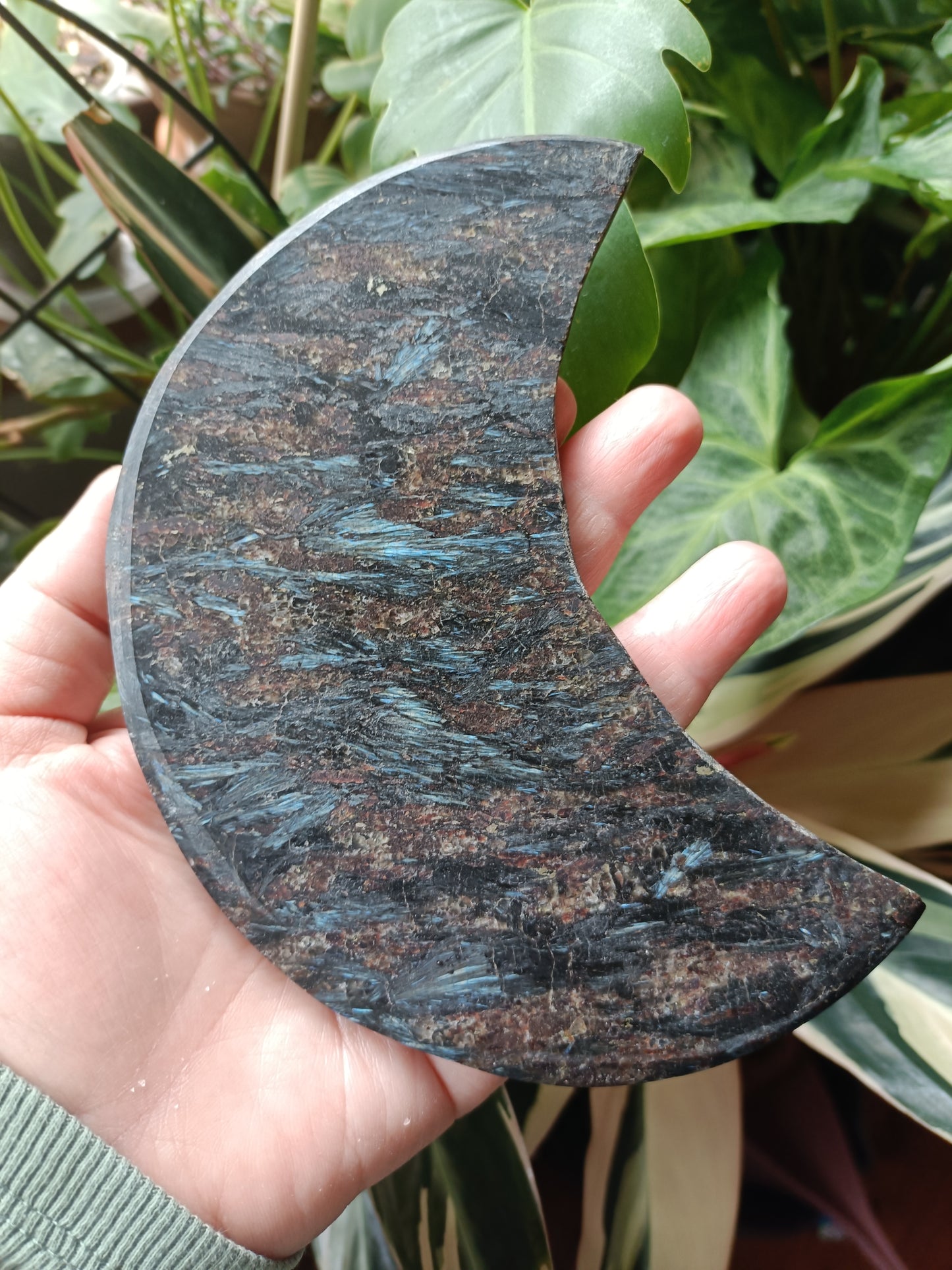Arfvedsonite 'Firework Stone' Moon + Stand - 351g
