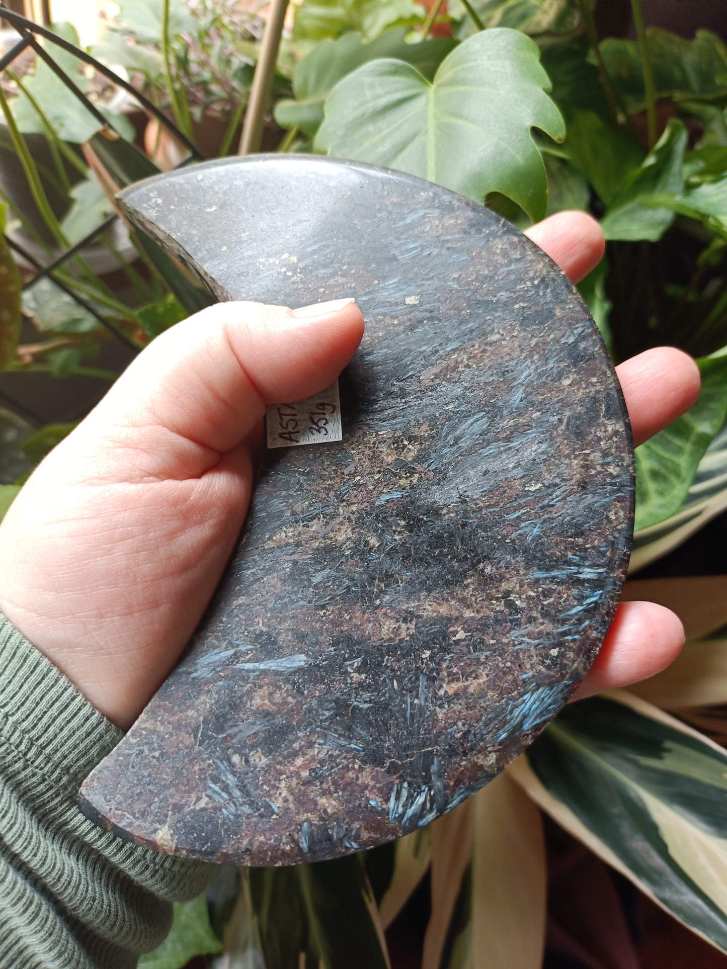Arfvedsonite 'Firework Stone' Moon + Stand - 351g