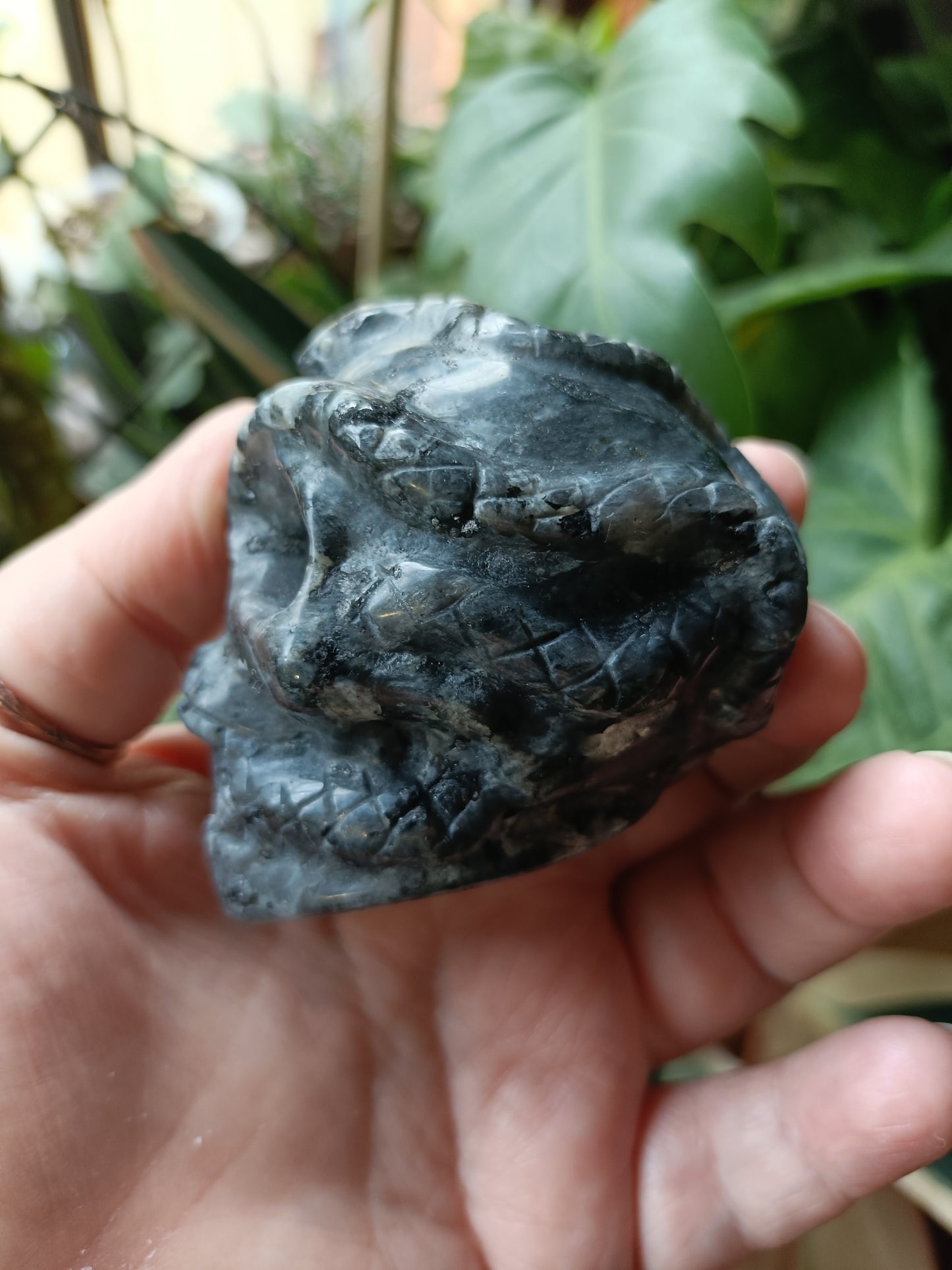 Larvikite Skull & Snake Carving - 273g