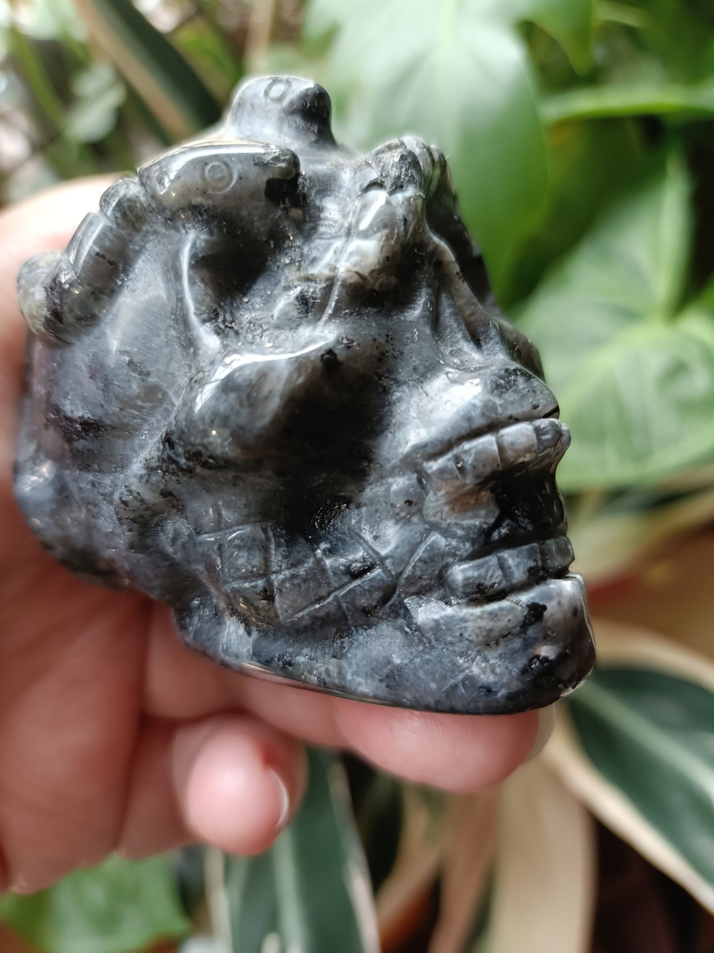 Larvikite Skull & Snake Carving - 273g