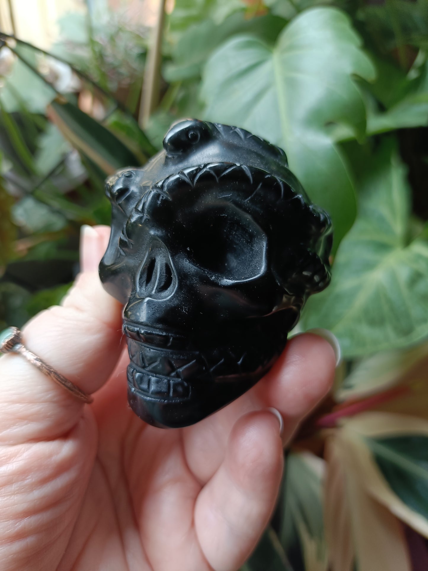 Black Obsidian Skull & Snake Carving - 237g