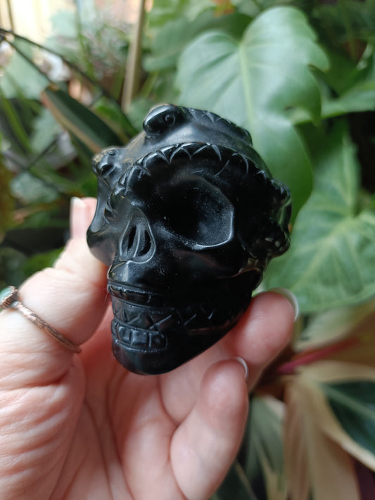 Black Obsidian Skull & Snake Carving - 237g