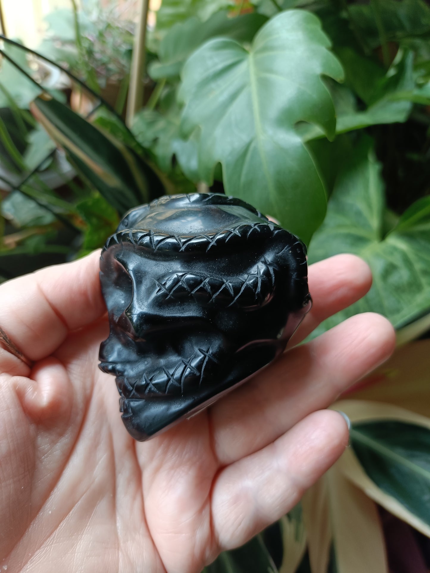 Black Obsidian Skull & Snake Carving - 237g