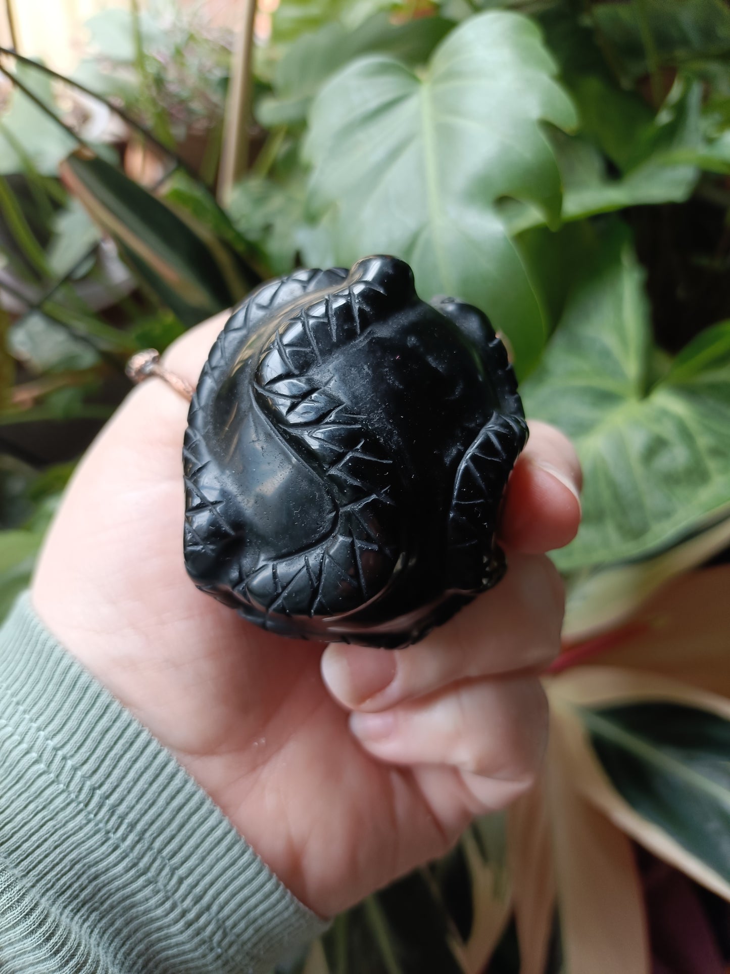 Black Obsidian Skull & Snake Carving - 237g