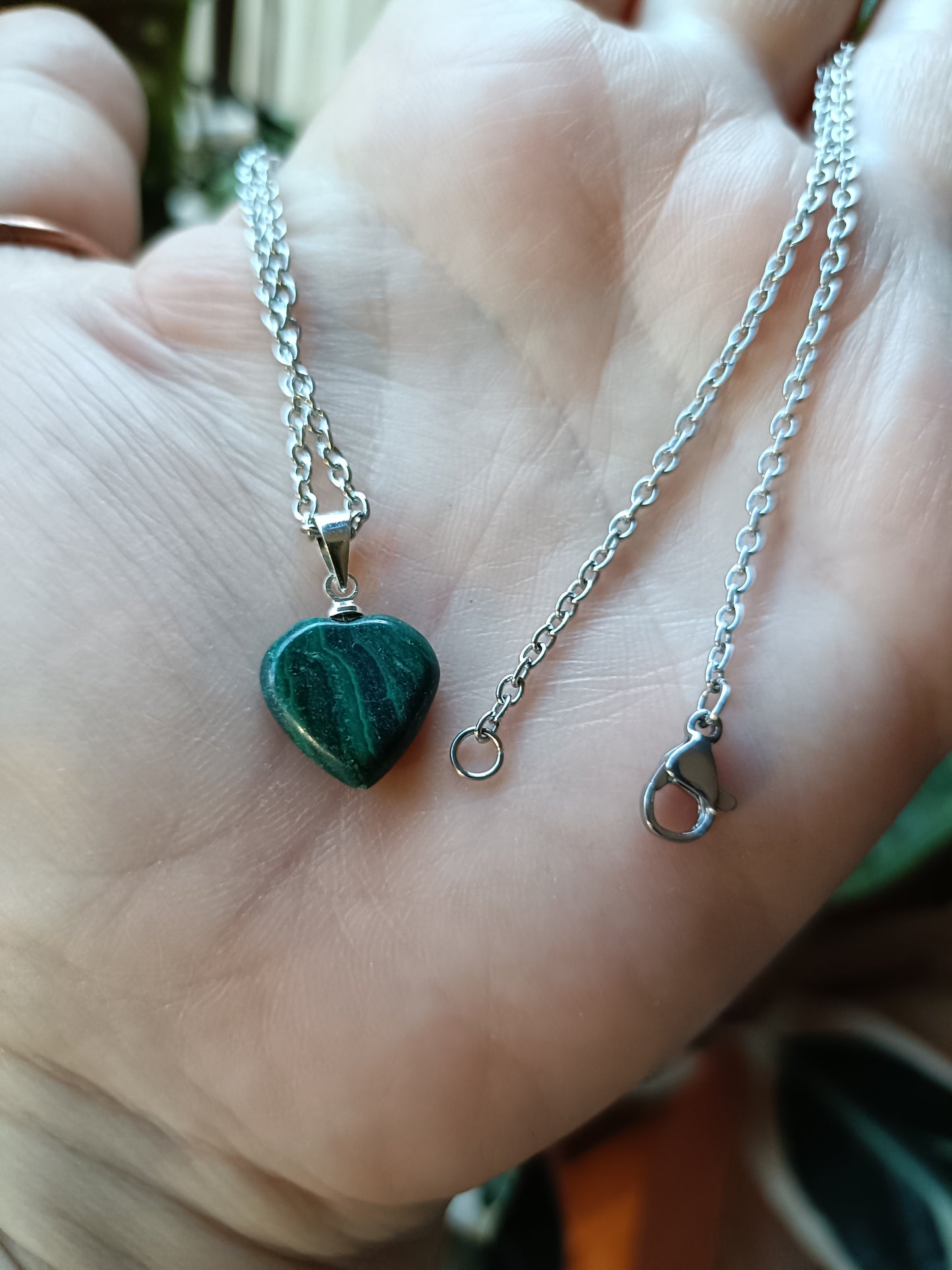 Heart Shaped Malachite Pendant - Silver-Plated Copper